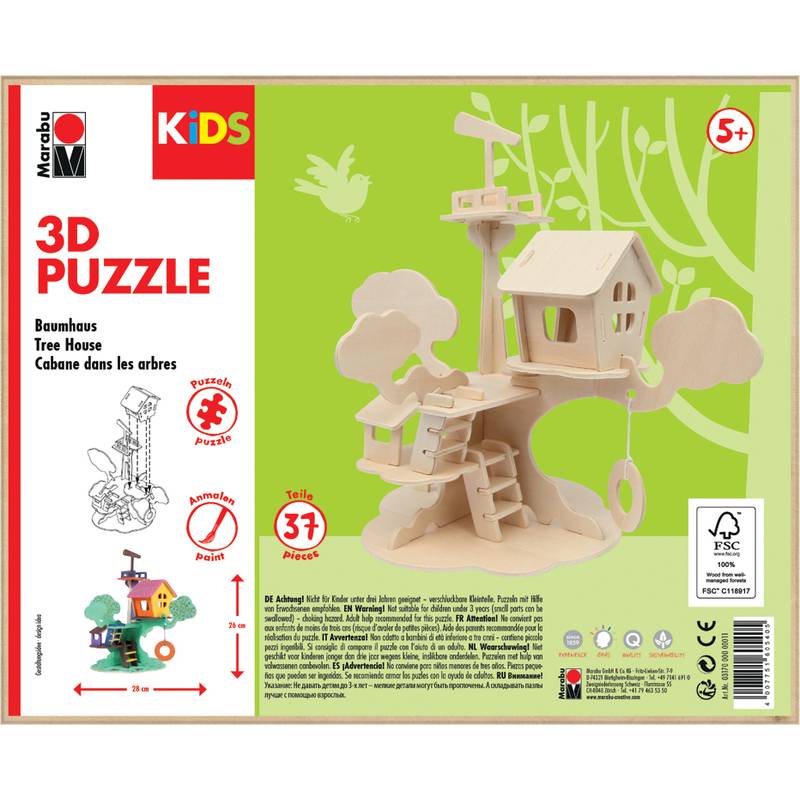 Die Abbildung zeigt eine Schachtel für ein '3D Puzzle' eines Holzbaumhauses-Modells, geeignet für Kinder ab 5 Jahren und mit 37 Teilen. Den Bausatz begleiten Anleitungen in mehreren Sprachen.