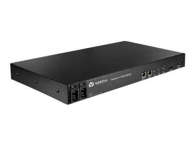 Schwarze Vertiv-Rack-montierte Netzstromversorgungseinheit mit vorderen Steuertasten und Ethernet-Anschlüssen.