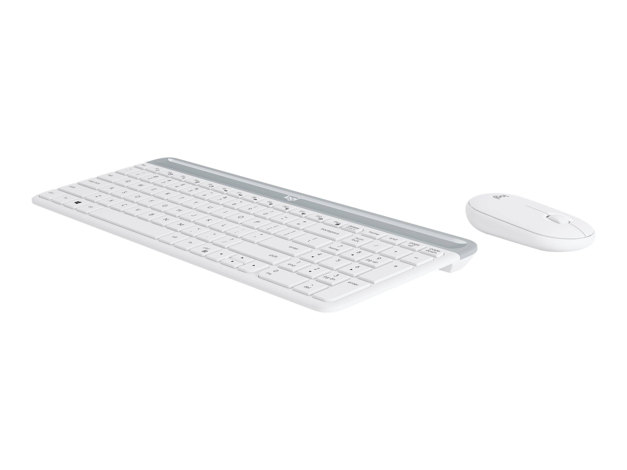 Weiße kabellose Tastatur und passende Maus auf weißem Hintergrund, gezeigt in einem produktstilisierten Bild.