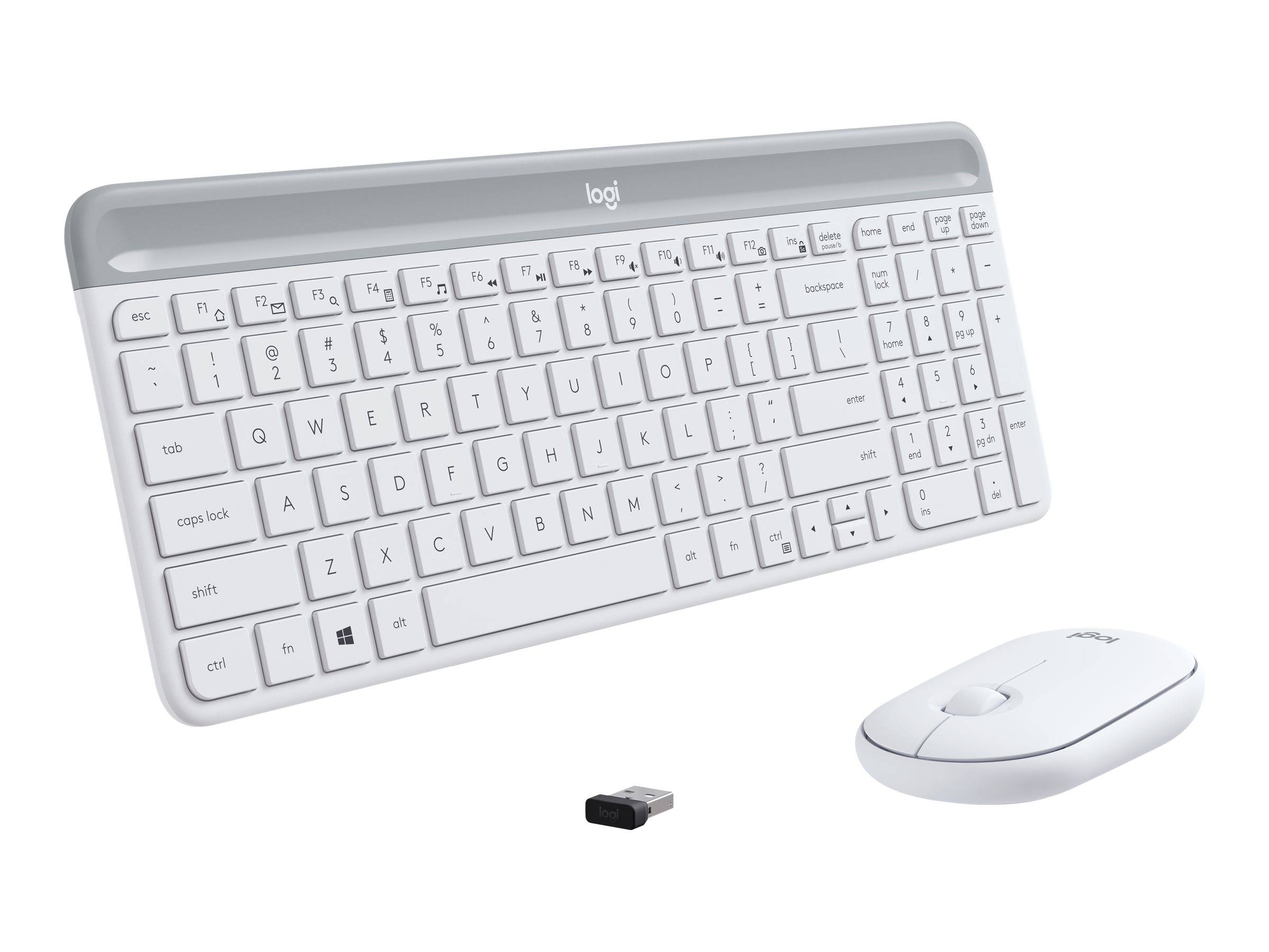 Weiße kabellose Logitech-Tastatur, Maus und USB-Empfänger auf einfachem weißem Hintergrund.