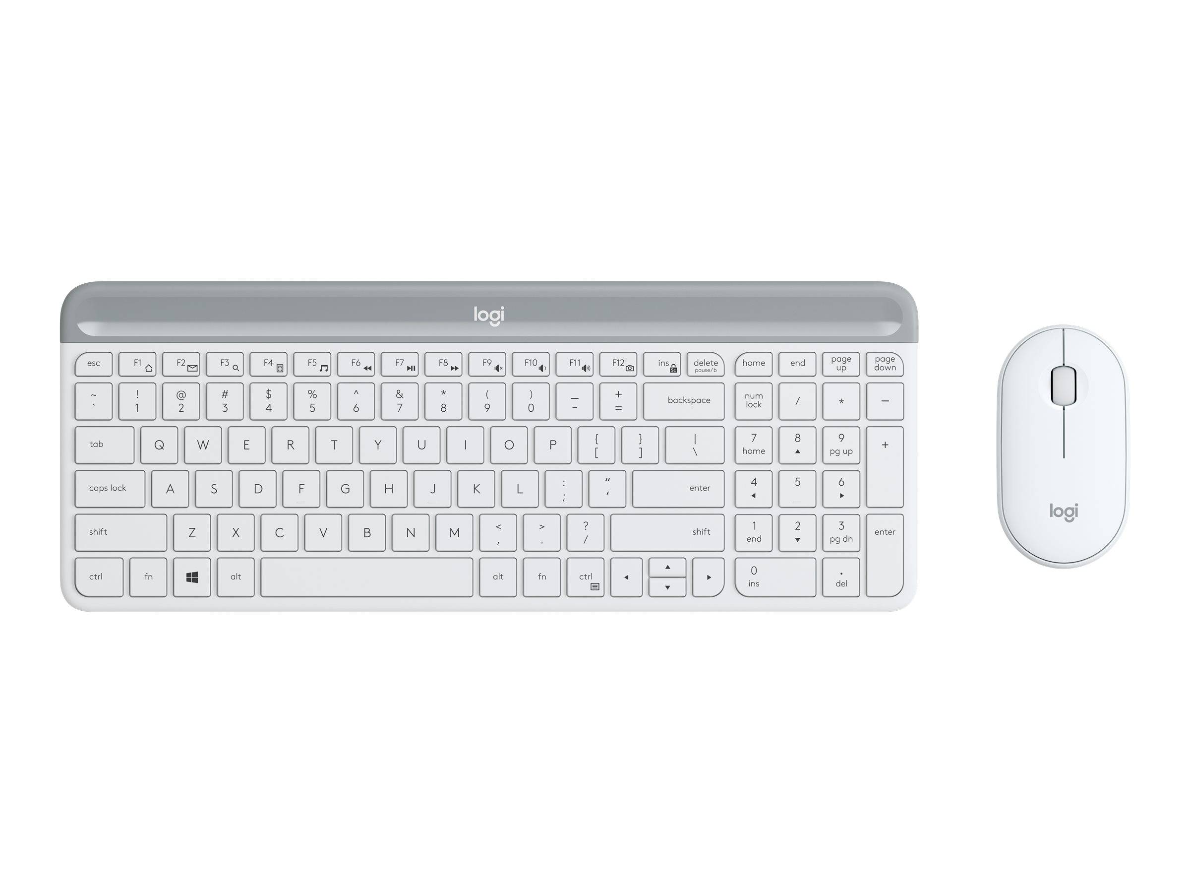 Weißes Logitech Wireless Tastatur- und Mausset auf einem schlichten hellen Hintergrund, Vorderansicht.