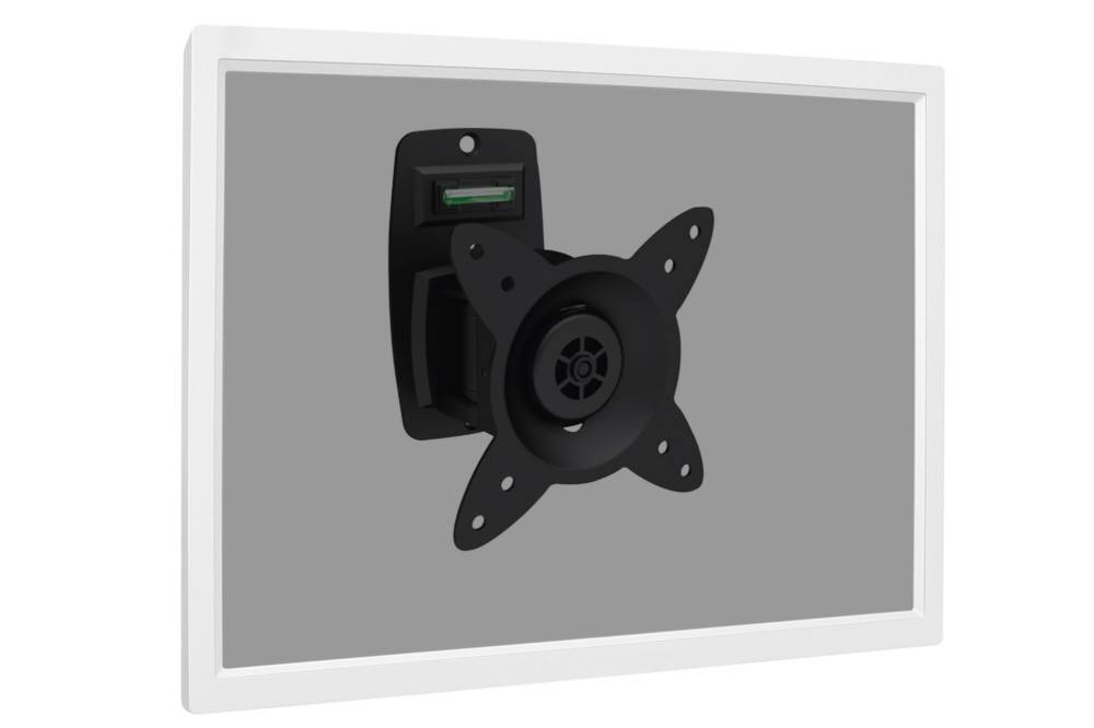 Ein Monitor mit einem VESA-Halterungsadapter, der eine Rückansicht des Halterungsaufbaus vor einem neutralen Hintergrund zeigt.