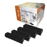 Sechs schwarze Tonerpatronen, die vor einer weiß-orangefarbenen "TonerCartridges""-Schachtel angeordnet sind.
