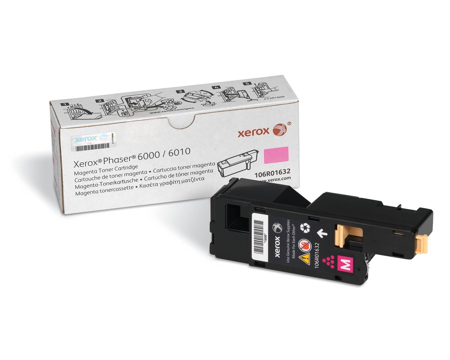 Xerox Phaser 6000/6010 Magenta-Tonerpatrone, dargestellt vor ihrer Einzelhandelsverpackung.