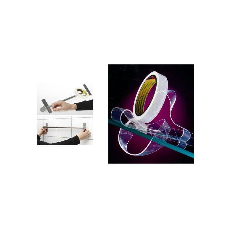 Klebeband 'Scotch Extrem Starkes Montageband' bei der Verwendung, das Objekte an einer gefliesten Wand hält und dabei seine Klebkraft und Vielseitigkeit unter Beweis stellt.