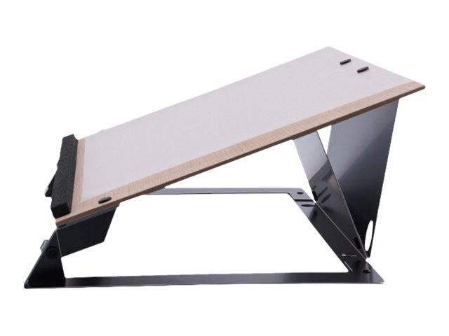 Verstellbarer Laptop-Ständer mit einer geneigten Plattform mit Holzmaserung und schwarzer Metallbasis, dargestellt auf weißem Hintergrund.