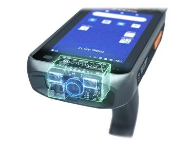 Robustes tragbares Handlesegerät oder Smartphone mit transparenter, frontseitig montierter Kamera-/Sensormodul auf weißem Hintergrund.