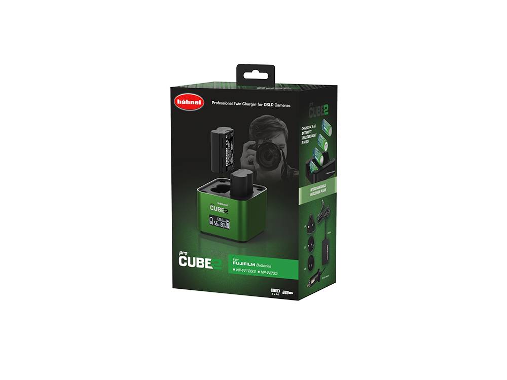 Hähnel Pro Cube 2 Doppelladegerät für DSLR-Kamera Akkus, mit Mingon-Einsatz, Display und Autoladegerät (für Fujifilm)