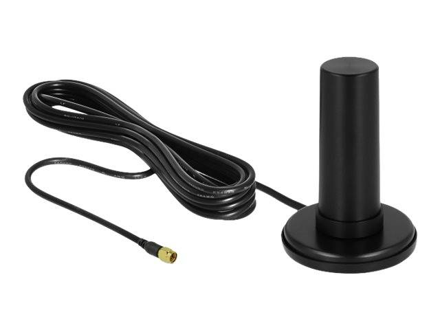 Schwarze zylindrische Antenne auf einer runden Basis mit einem langen aufgerollten Kabel, das in einem goldenen Stecker endet, vor weißem Hintergrund gezeigt.