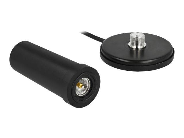 Schwarze zylindrische Antenne mit Gewindeanschluss und rundem Magnetfuß mit Kabel auf weißem Hintergrund.