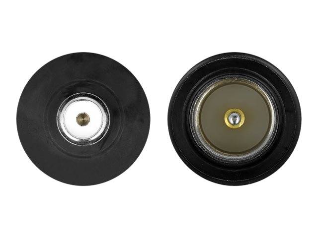 Zwei schwarze kreisförmige Armaturen nebeneinander, jeweils mit einem zentralen Metallstecker auf weißem Hintergrund.