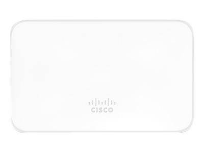 Weißes Cisco-Netzwerkgerät oder Access Point mit zentriertem Cisco-Logo auf einfarbigem Hintergrund.