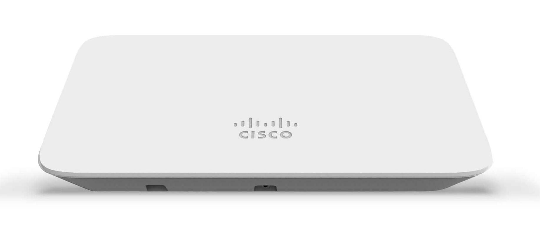 Weißes Cisco-Netzwerkgerät oder Router von vorne auf einem einfachen Hintergrund dargestellt.