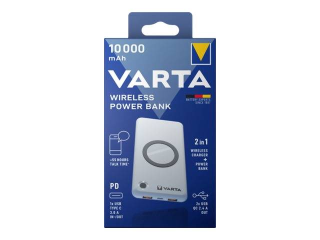 Varta - Induktive Power Bank - Li-Pol - 10000 mAh - 20 Watt - PD, Quick Charge 3.0 - 3 Ausgabeanschlussstellen (2 x USB,