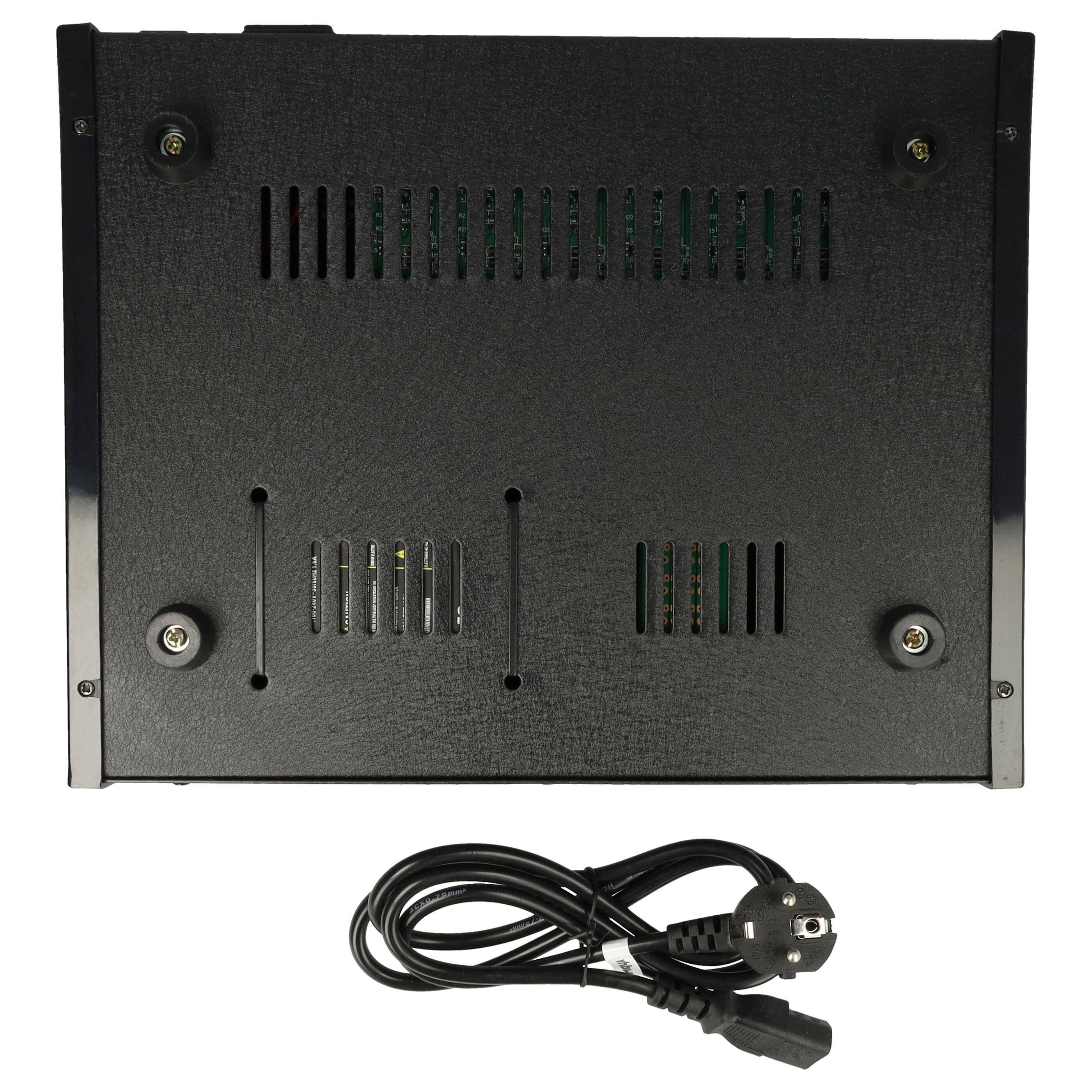 Das Bild zeigt die Rückseite eines elektronischen Geräts mit Lüftungsschlitzen und Befestigungsschrauben sowie ein schwarzes Stromkabel darunter.