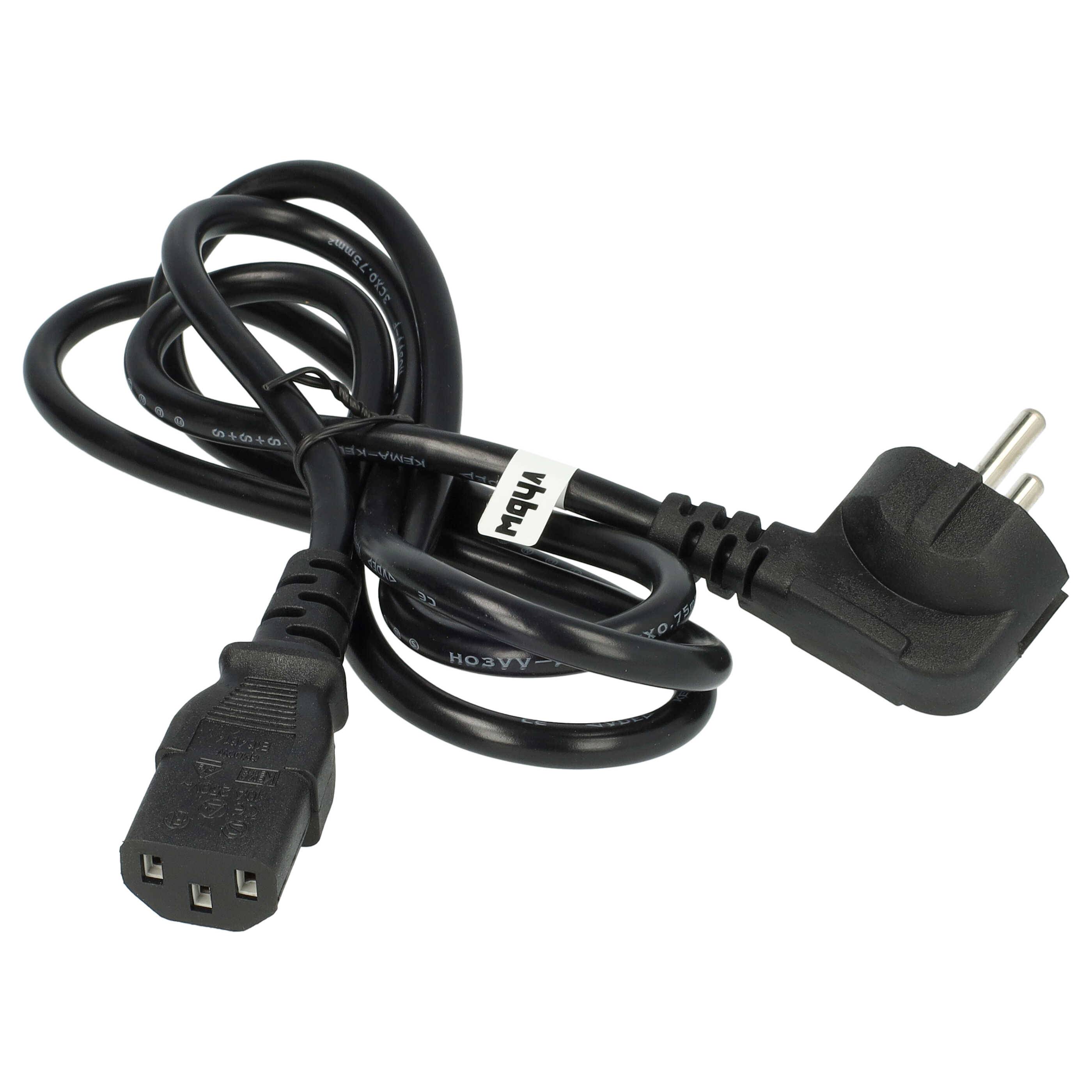 Ein schwarzes Stromkabel mit einem europäischen Stecker auf der einen Seite und einem C13-Stecker auf der anderen Seite, aufgerollt und auf einem einfachen Hintergrund präsentiert.
