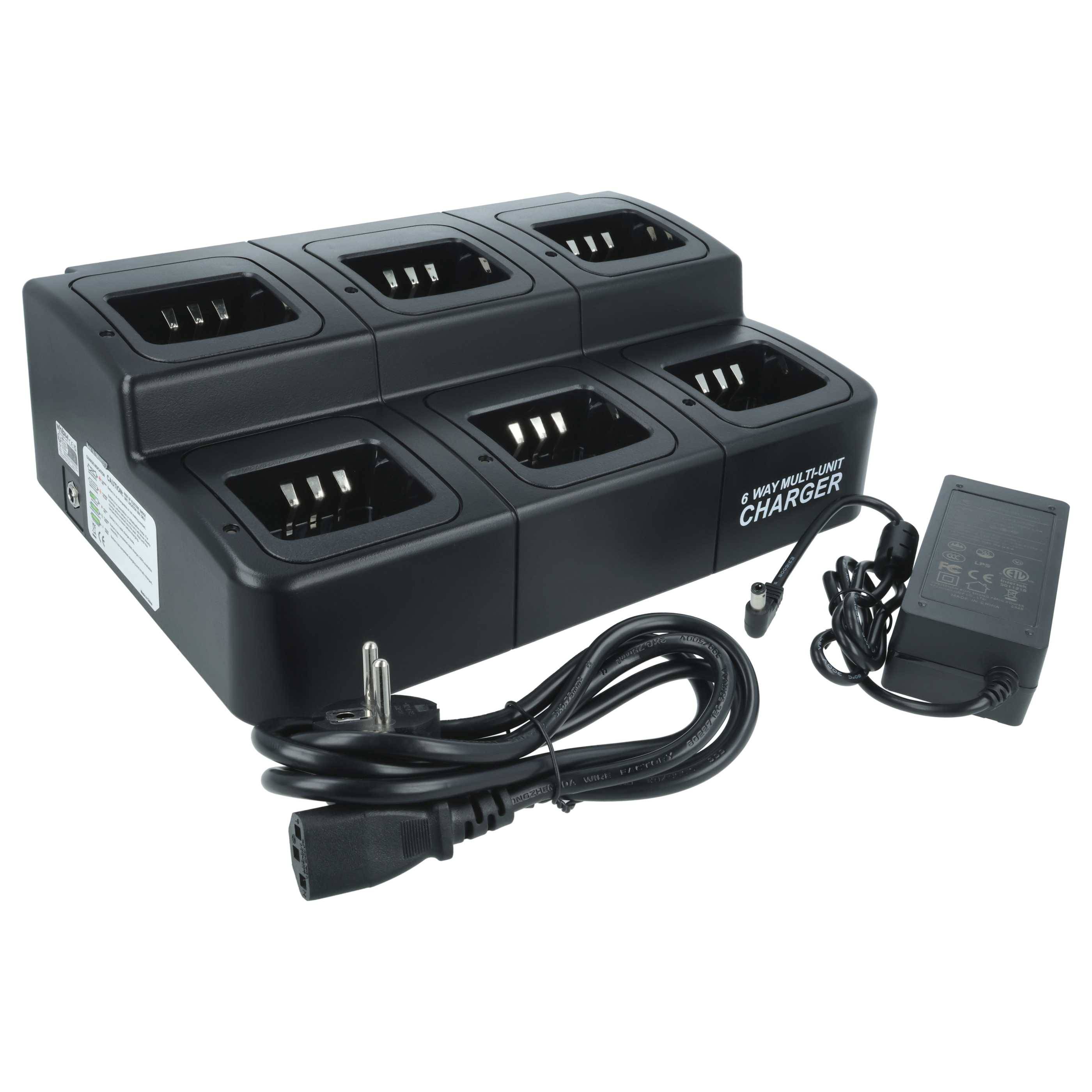 Sechsfach-Akkuladegerät mit Netzteil und Kabel, geeignet zum gleichzeitigen Laden mehrerer Batterien.