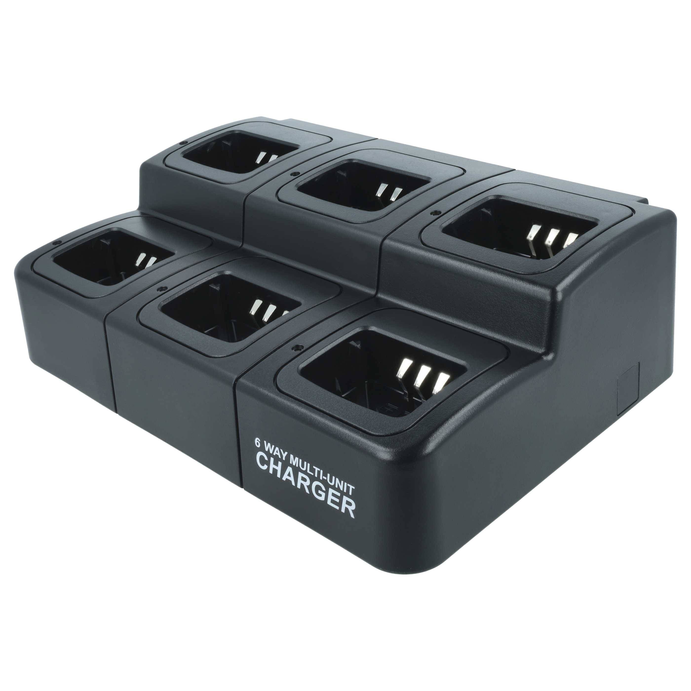 Ein schwarzes 6-Wege-Mehrfach-Ladegerät mit leeren Steckplätzen zum gleichzeitigen Laden mehrerer Geräte, wobei der Markenname auf der Vorderseite angezeigt wird.
