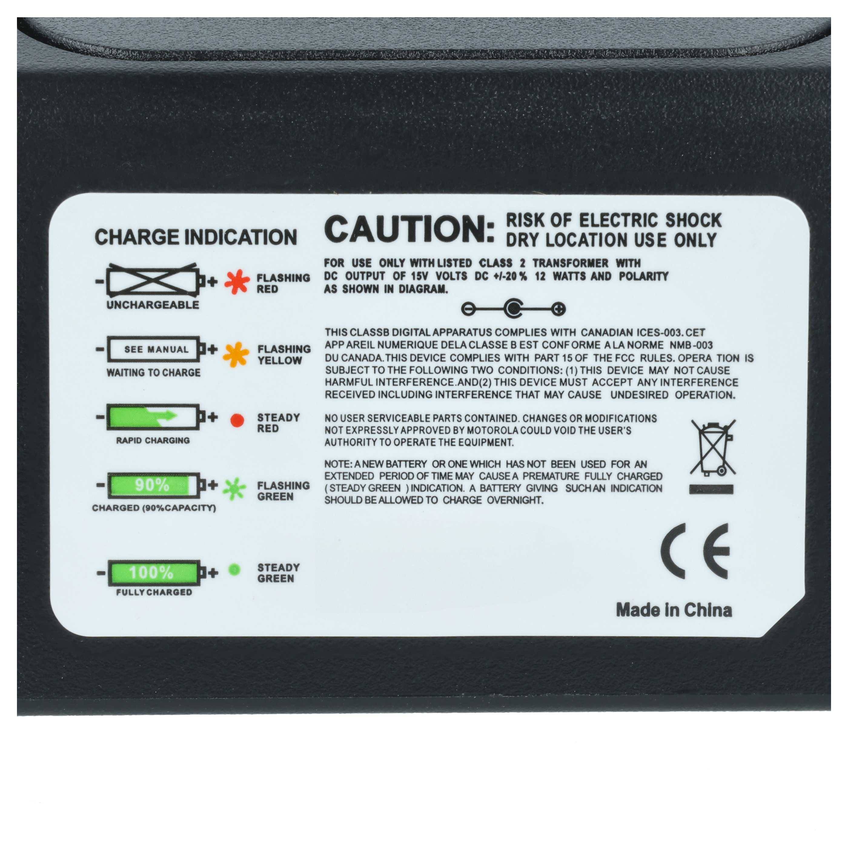 Batterieladeanzeige mit verschiedenen Zuständen durch Leuchten: nicht aufladbar (blinkendes Rot), Aufladung erforderlich (Gelb), wird geladen (blinkendes Grün), vollständig geladen (gleichmäßiges Grün). Sicherheitswarnung ist ebenfalls enthalten.