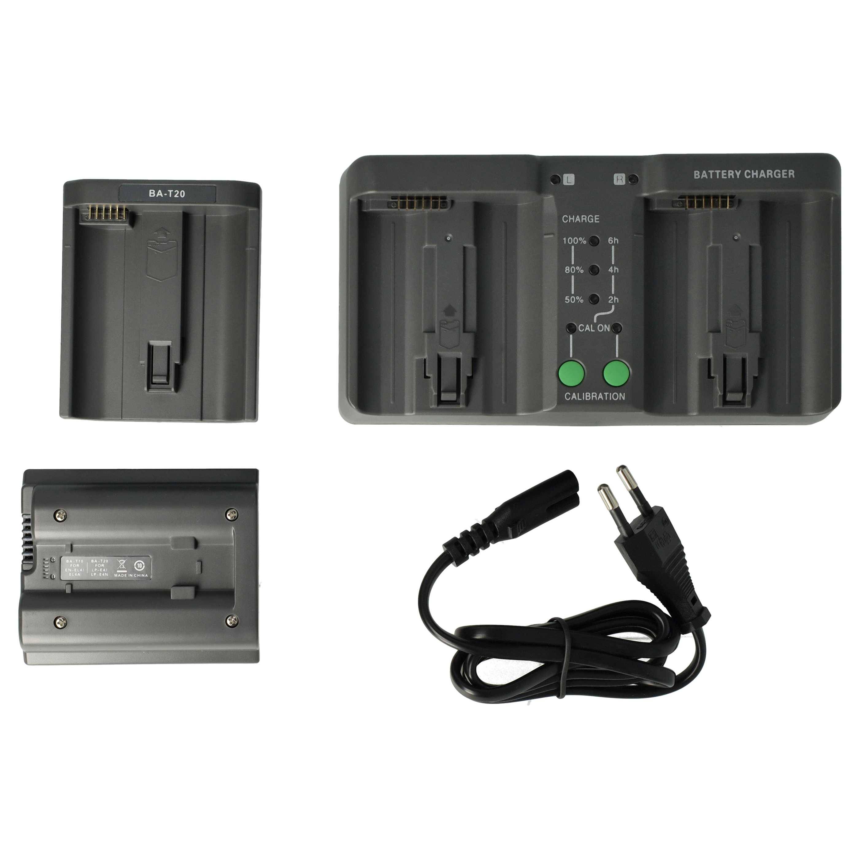 Ladegerät-Set enthält zwei Batteriefächer, eine BA-T30 Batterie und ein Stromkabel mit europäischem Stecker.