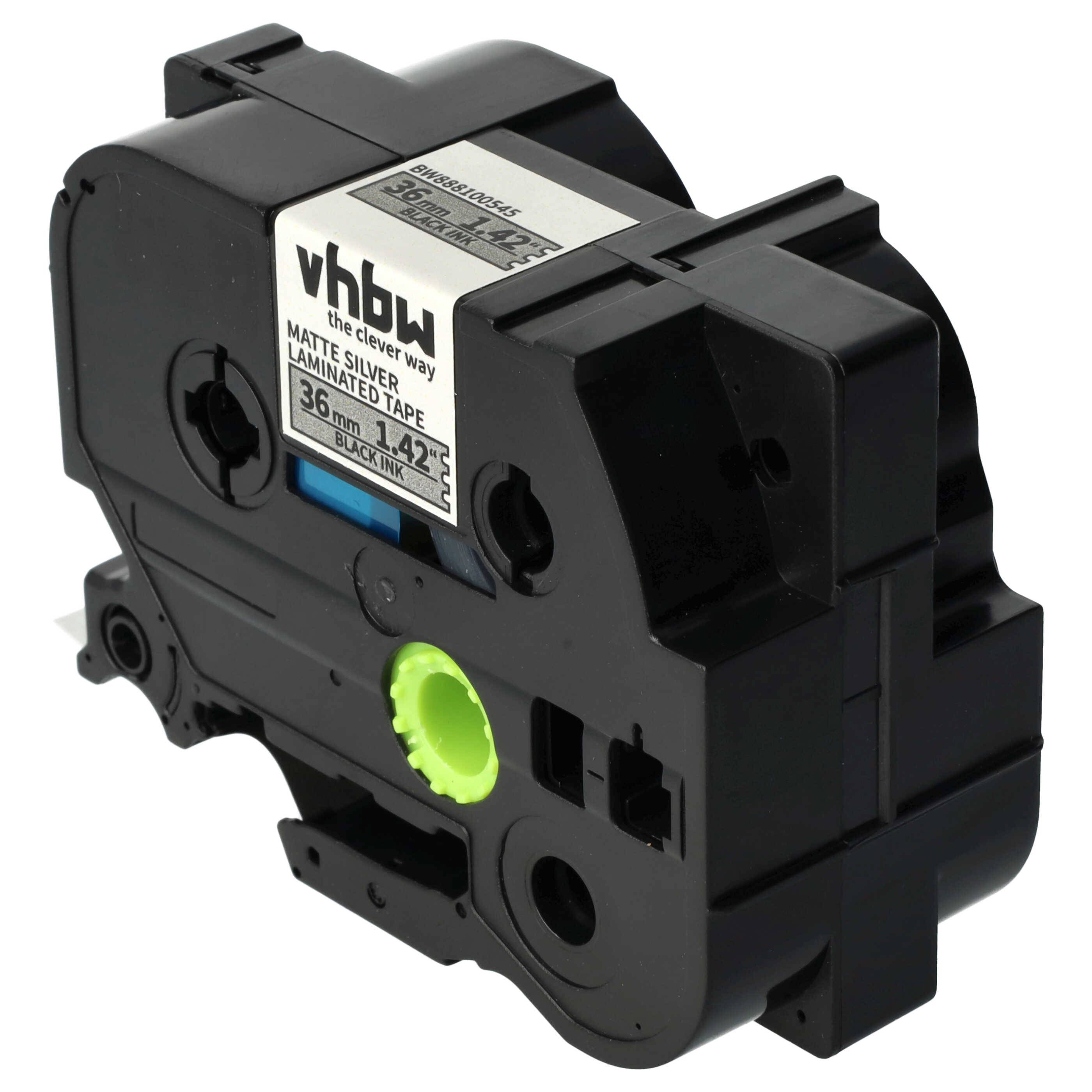 vhbw Schriftband-Kassette kompatibel mit Brother PT E550W, 9800PCN, RL700S Etiketten-Drucker 8m x 36mm Schwarz auf Matt-Silber, Kunststoff