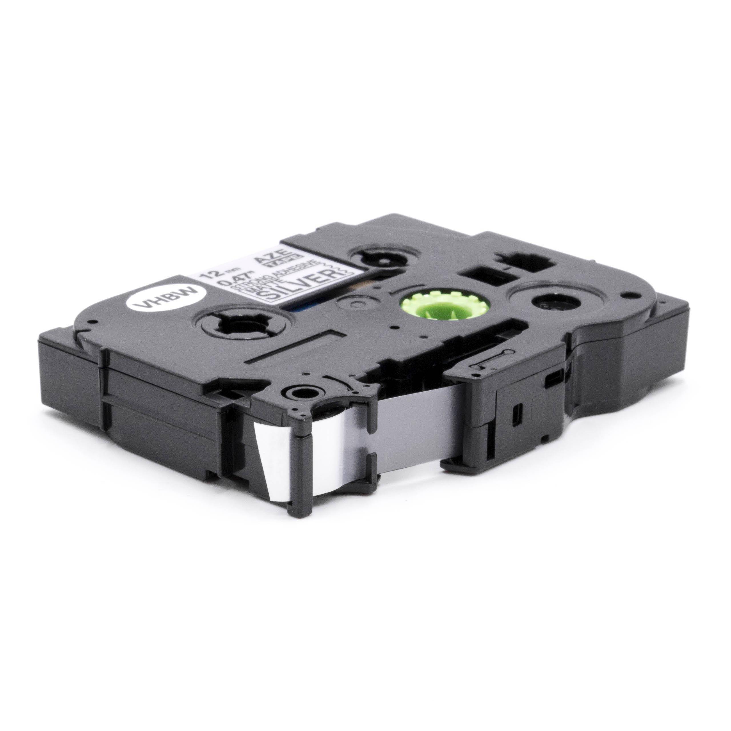 vhbw Schriftband Kassette 12mm schwarz auf mattsilber extra stark kompatibel mit Etiketten-Drucker Brother P-Touch 1230PC, 1250, 1250J, 1250LB
