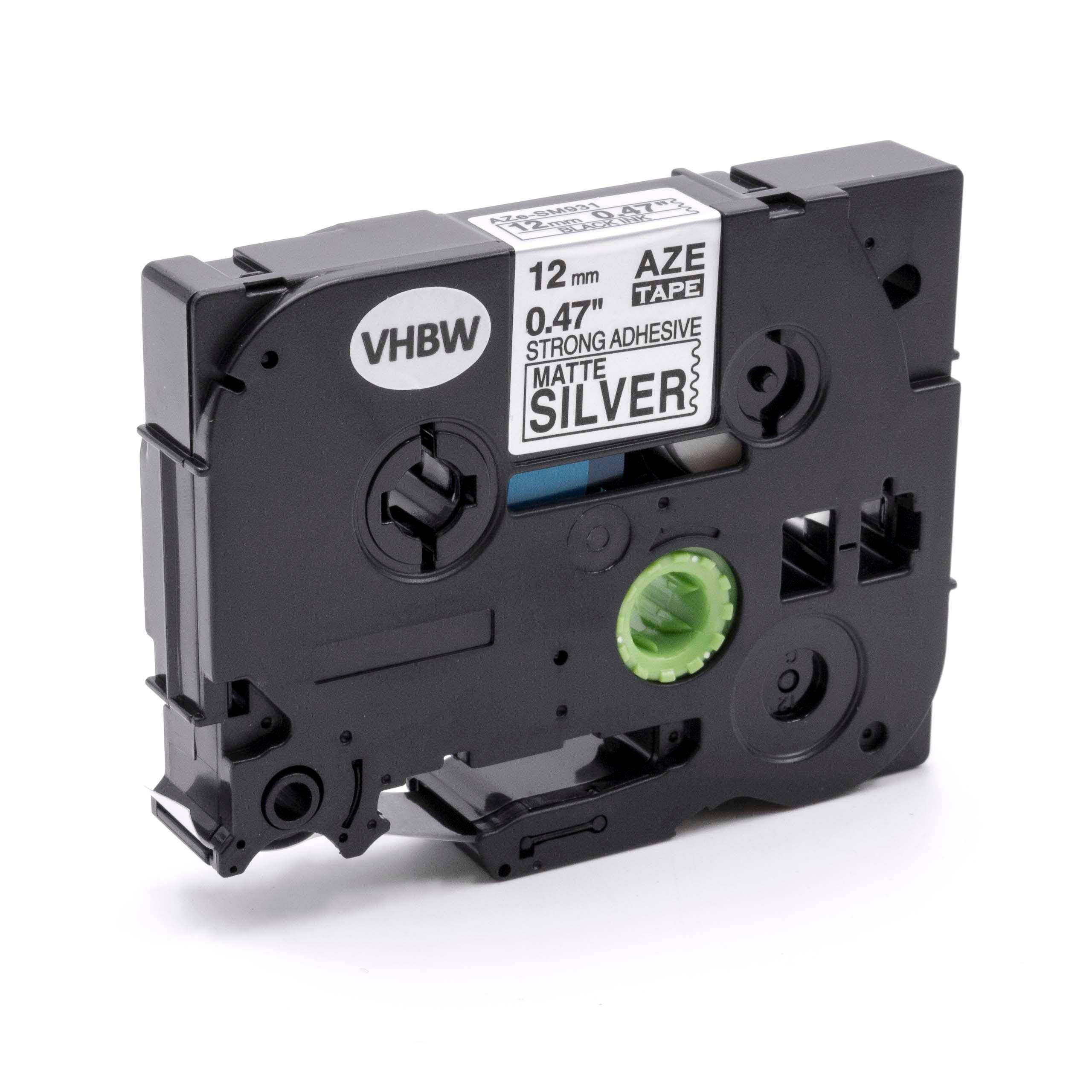 vhbw Schriftband Kassette 12mm schwarz auf mattsilber extra stark kompatibel mit Etiketten-Drucker Brother P-Touch 350P, 3600, 520, 530, 540, 540C