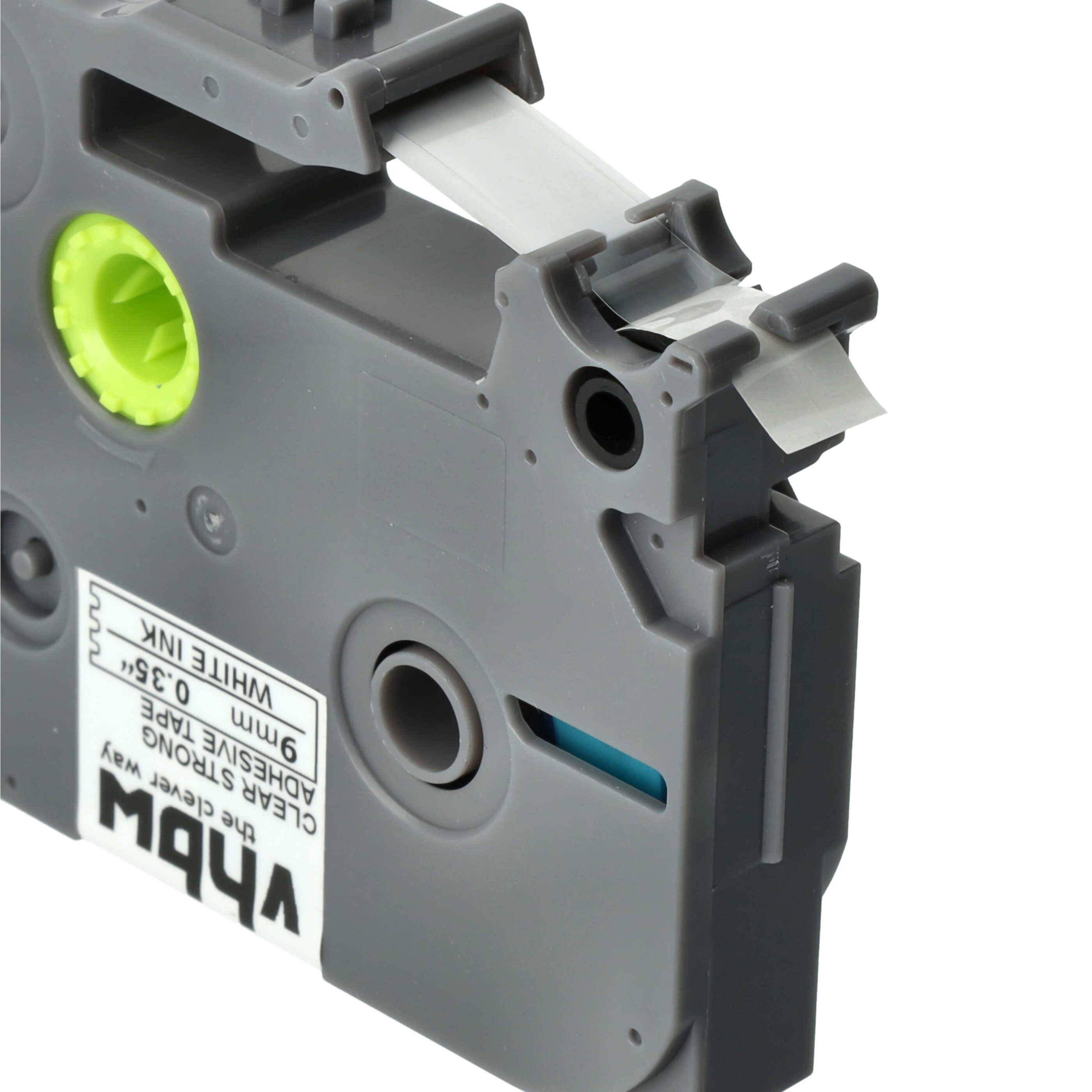 vhbw 1x Schriftband-Kassette kompatibel mit Brother PT 6100, 7100VP, 7100 Etiketten-Drucker 8m x 9mm Weiß auf Transparent, Extra Stark, Laminiert