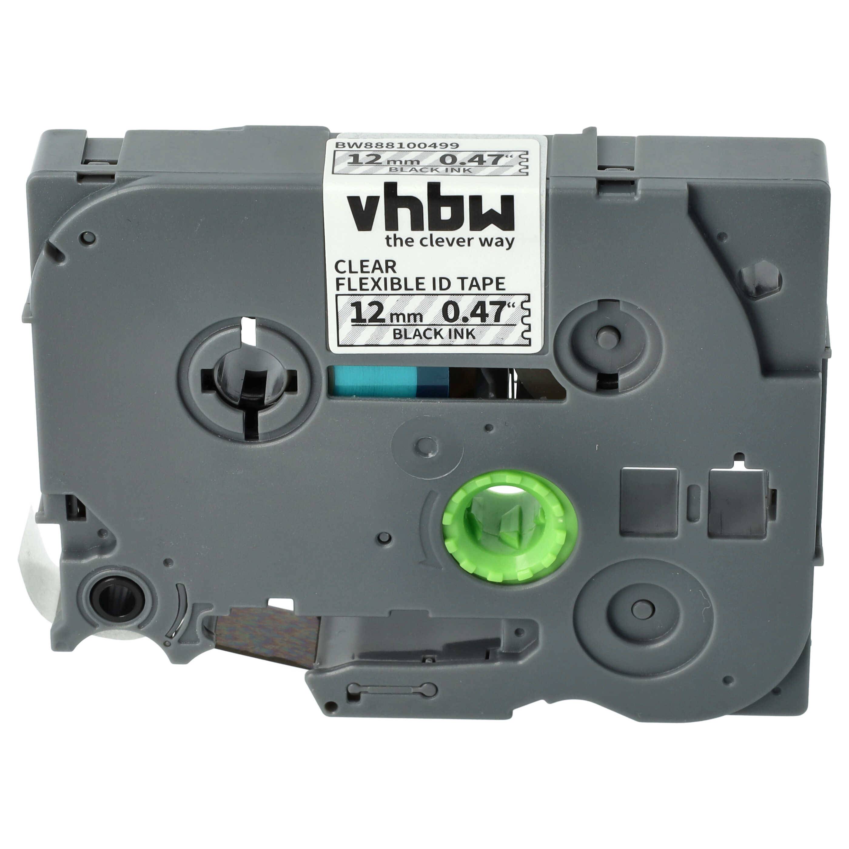 vhbw Schriftband-Kassette kompatibel mit Brother PT 900 | 9200, 900BTS, 900F Etiketten-Drucker 8m x 12mm Schwarz auf Transparent, Flexibel