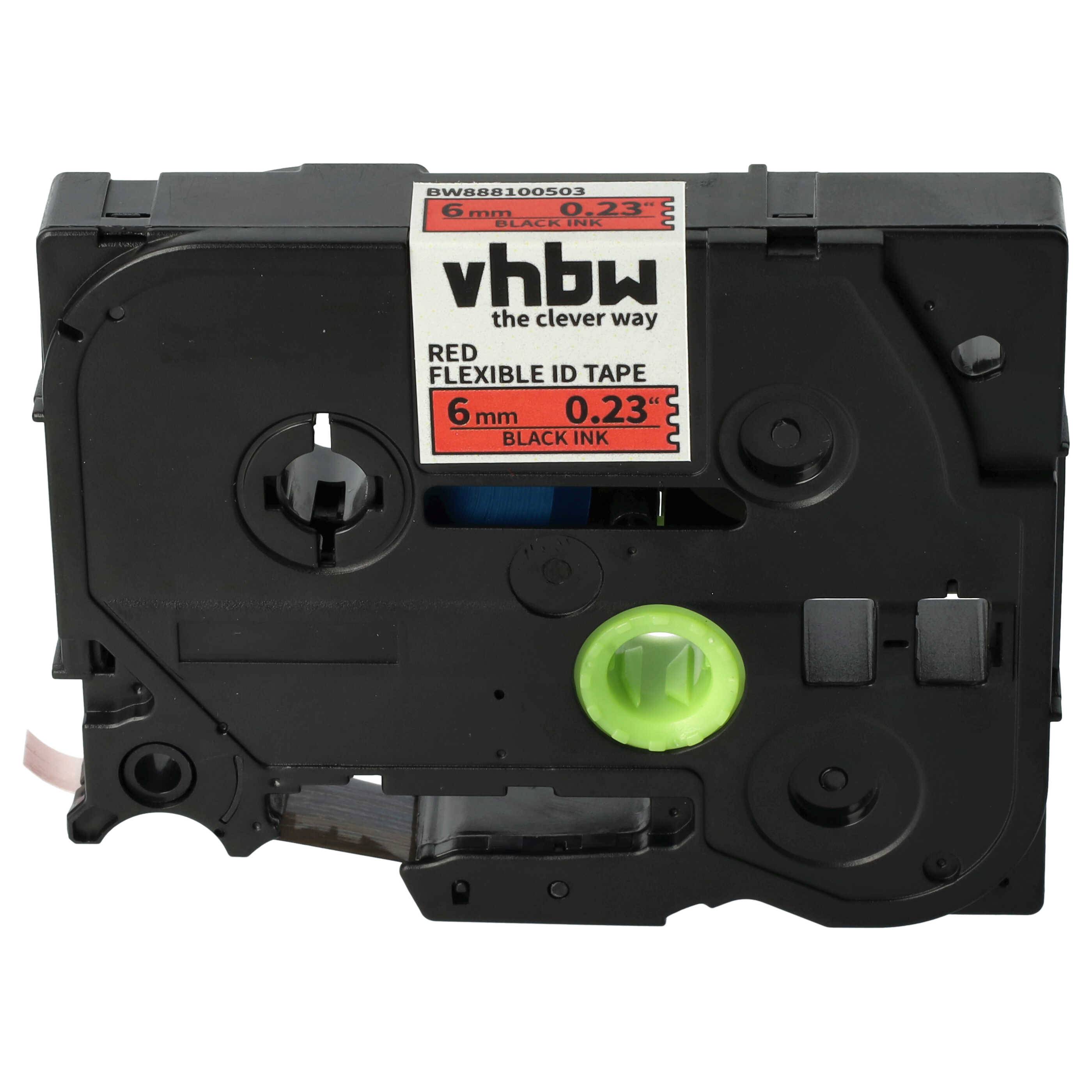 vhbw Schriftband-Kassette kompatibel mit Brother PT D600, D600VP, D450VP, D800W, E100 Etiketten-Drucker 8m x 6mm Schwarz auf Rot, Flexibel