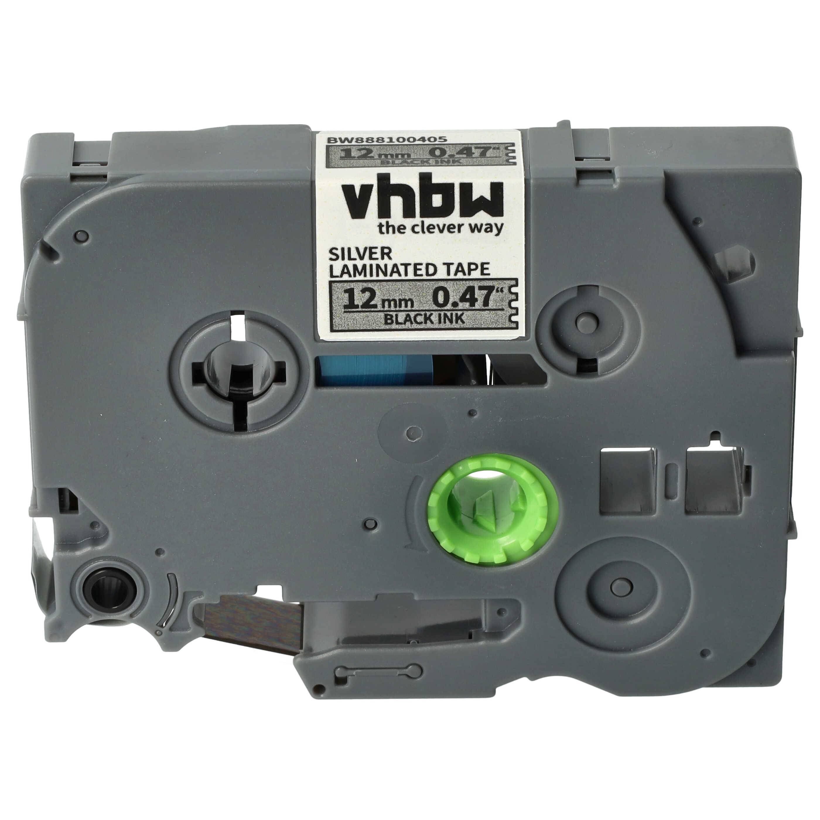 vhbw Schriftband-Kassette kompatibel mit Brother PT D200SN | D200KT, D200MA, D200SA, D200VP Etiketten-Drucker 8m x 12mm Schwarz auf Silber