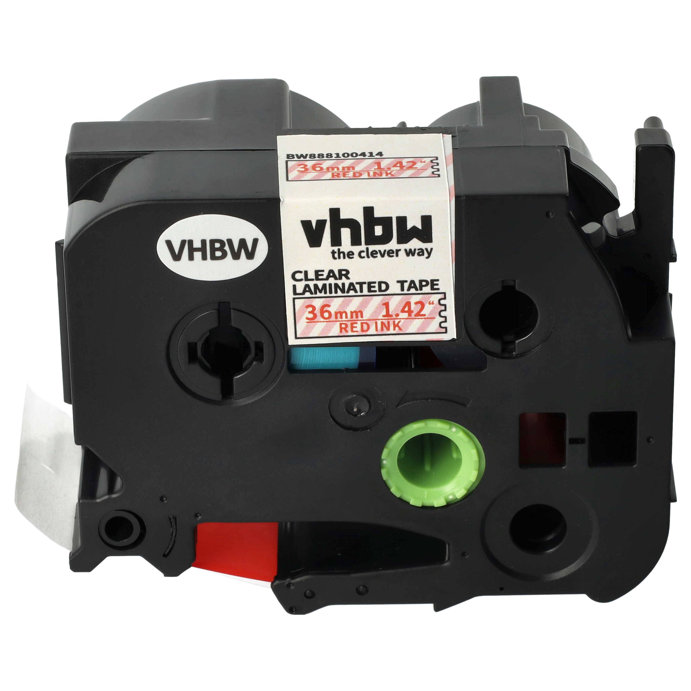 vhbw Schriftband-Kassette kompatibel mit Brother PT 9700PC, 9800PCN, D800W, E800W, P900 Etiketten-Drucker 8m x 36mm Rot auf Transparent, Laminiert