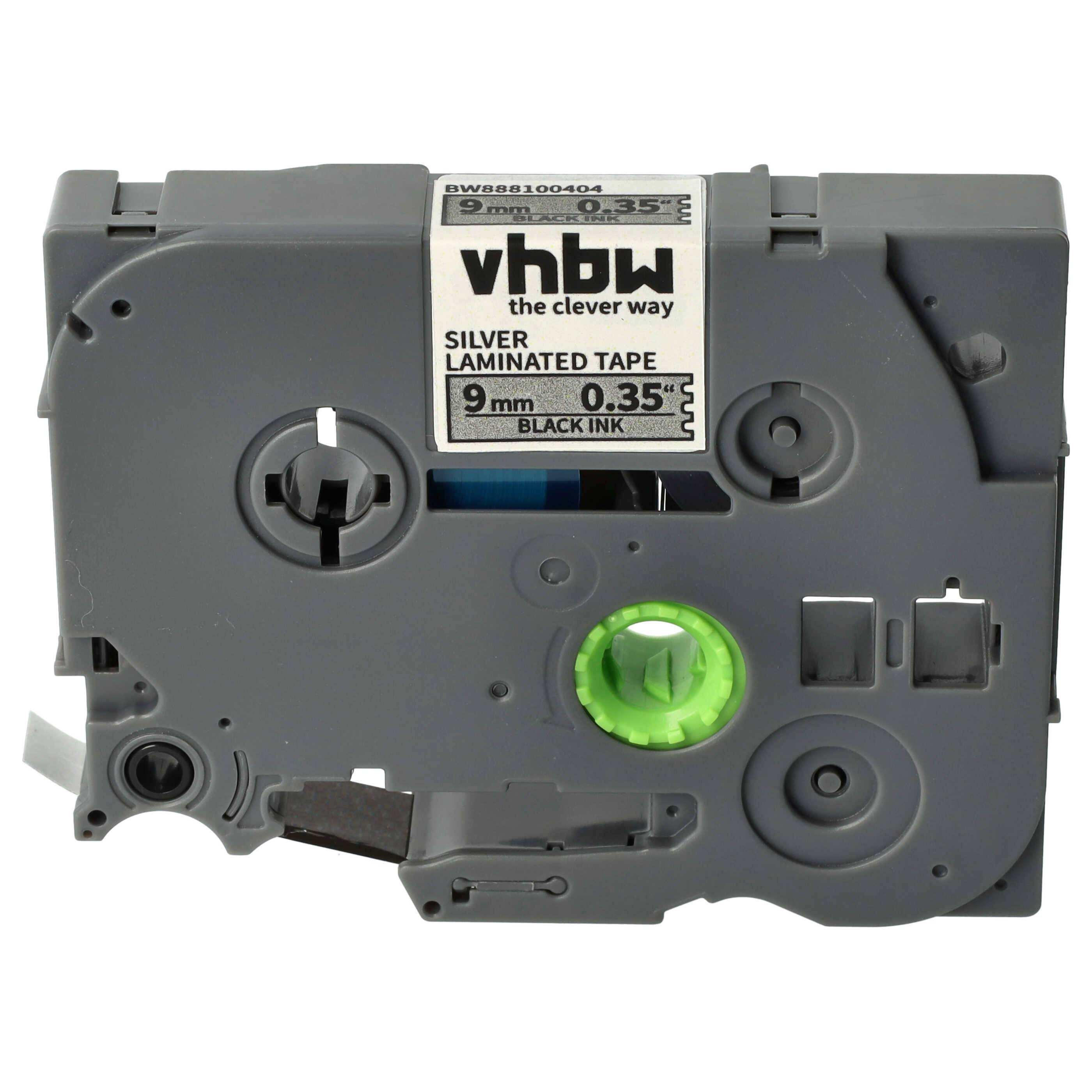 vhbw Schriftband-Kassette kompatibel mit Brother PT 2450 | 2430PC, 2450CC, 2450DX, 2430PC Etiketten-Drucker 8m x 9mm Schwarz auf Silber, Laminiert