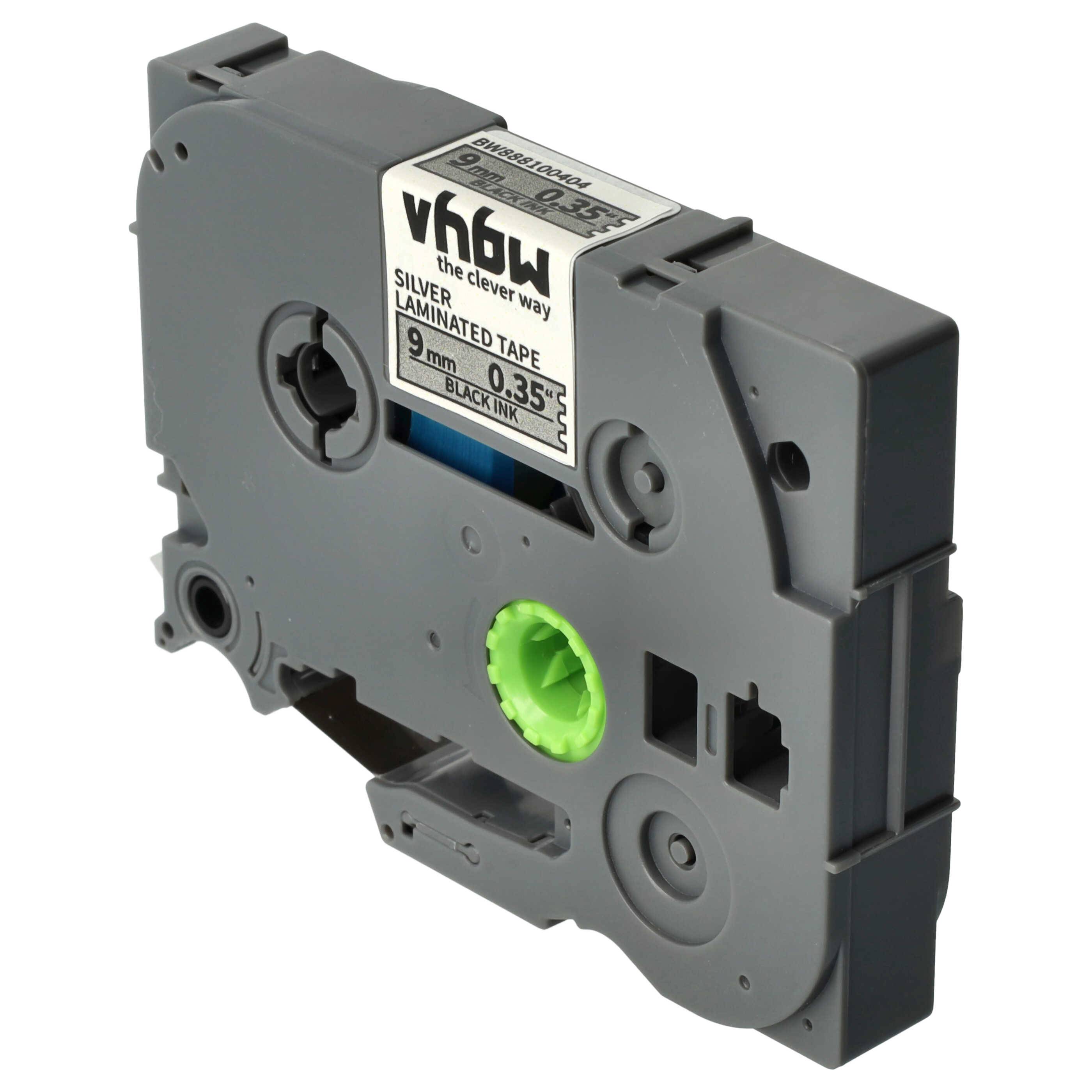 vhbw Schriftband-Kassette kompatibel mit Brother PT 50 Years, 550, 540, 3600, 520, 530, 540C Etiketten-Drucker 8m x 9mm Schwarz auf Silber