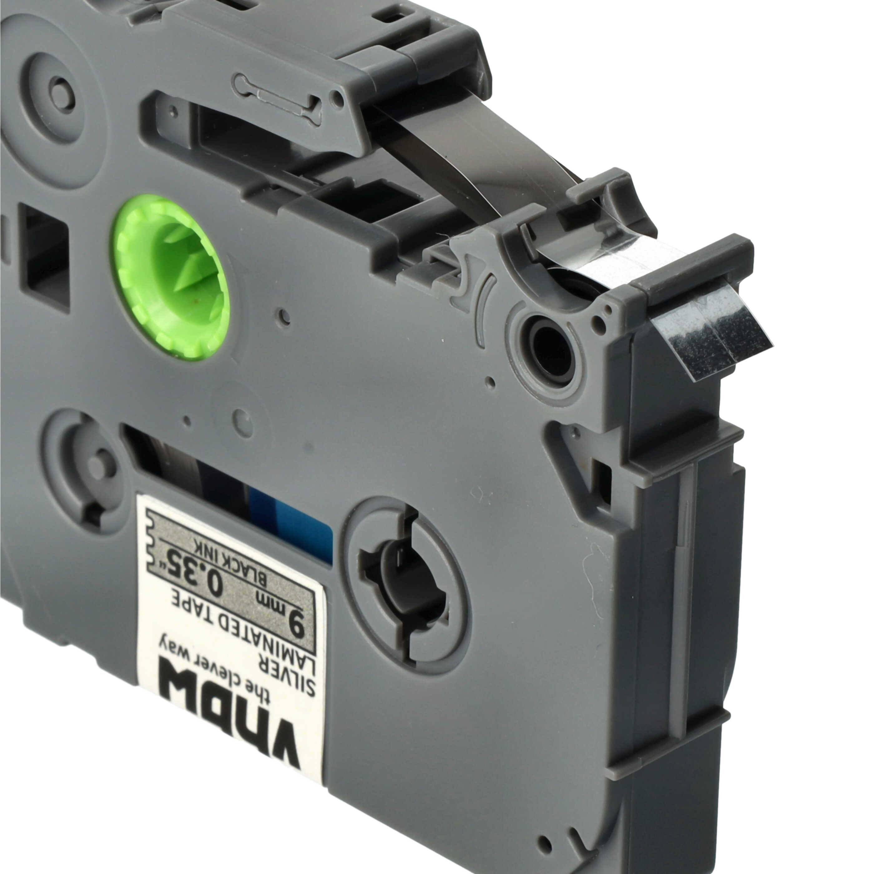 vhbw Schriftband-Kassette kompatibel mit Brother PT 350P, 340C, 310CC, 350, 340, 320, 330 Etiketten-Drucker 8m x 9mm Schwarz auf Silber, Laminiert