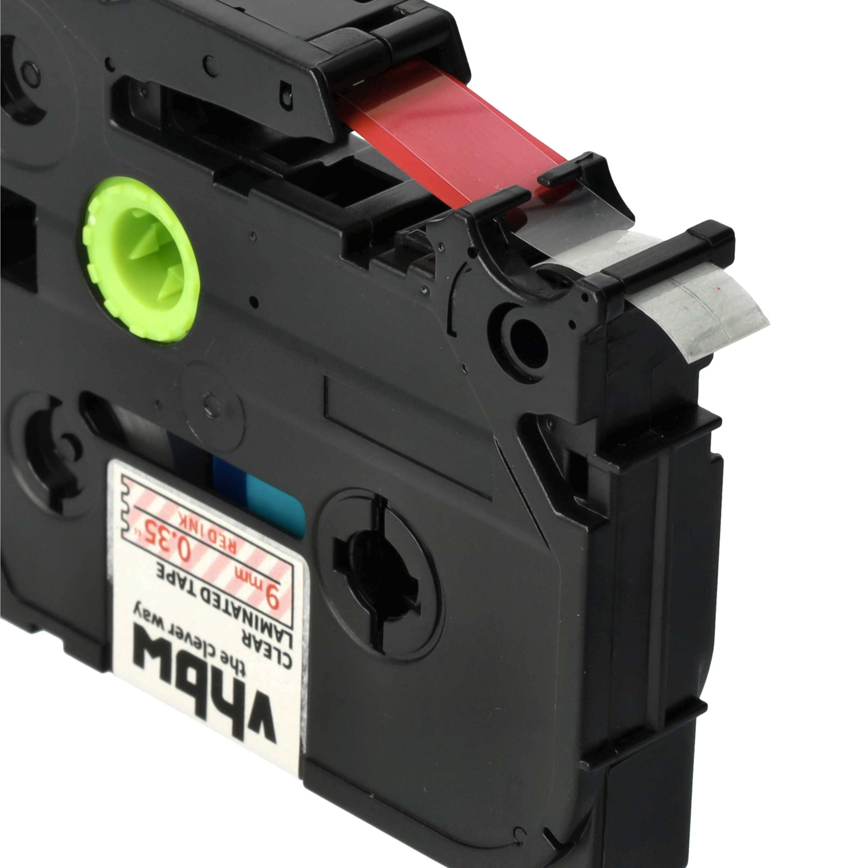 vhbw Schriftband-Kassette kompatibel mit Brother PT 1900, 1880, 1890W, 1850VP, 18R, 18RKT Etiketten-Drucker 8m x 9mm Rot auf Transparent, Laminiert