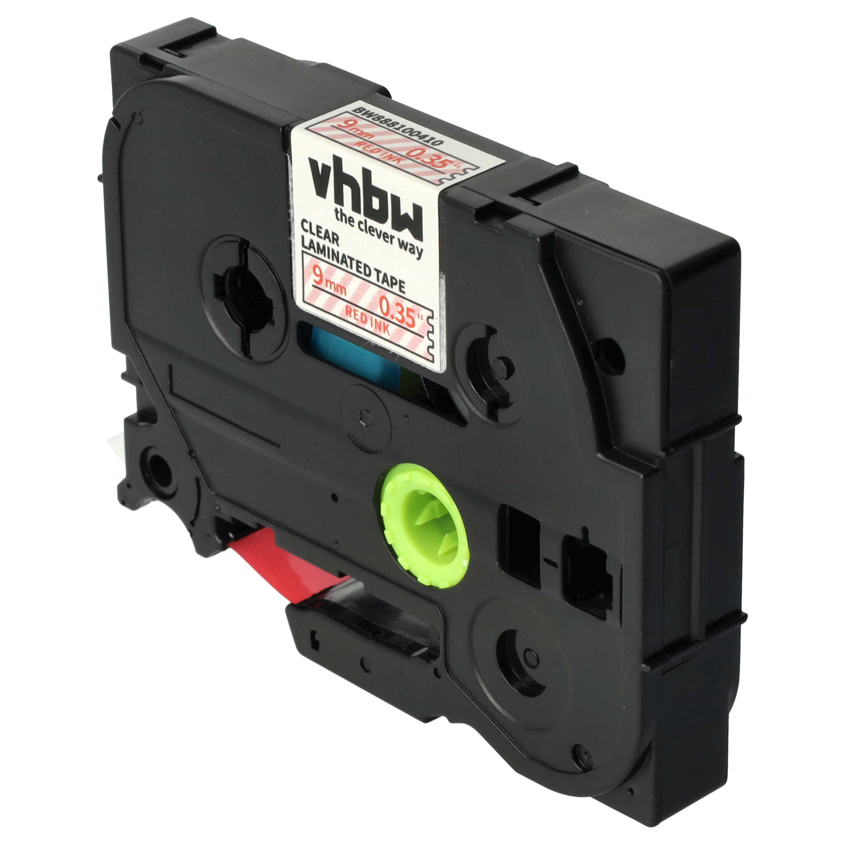 vhbw Schriftband-Kassette kompatibel mit Brother PT D600, D600VP, D450, D450VP, D400VP Etiketten-Drucker 8m x 9mm Rot auf Transparent, Laminiert