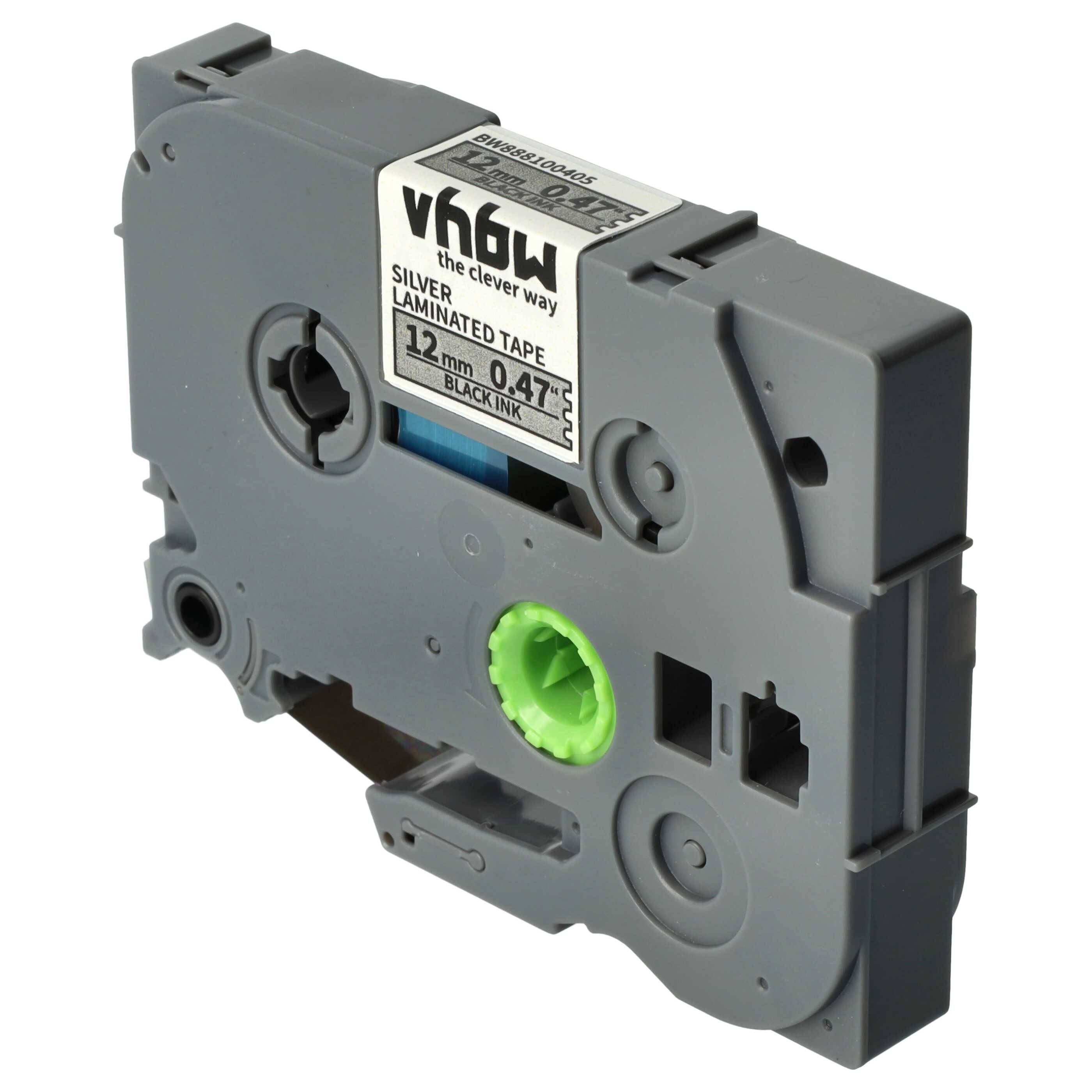 vhbw Schriftband-Kassette kompatibel mit Brother PT 1000, 1000BM, 1000BTS, 1005, 1005BTS Etiketten-Drucker 8m x 12mm Schwarz auf Silber, Laminiert
