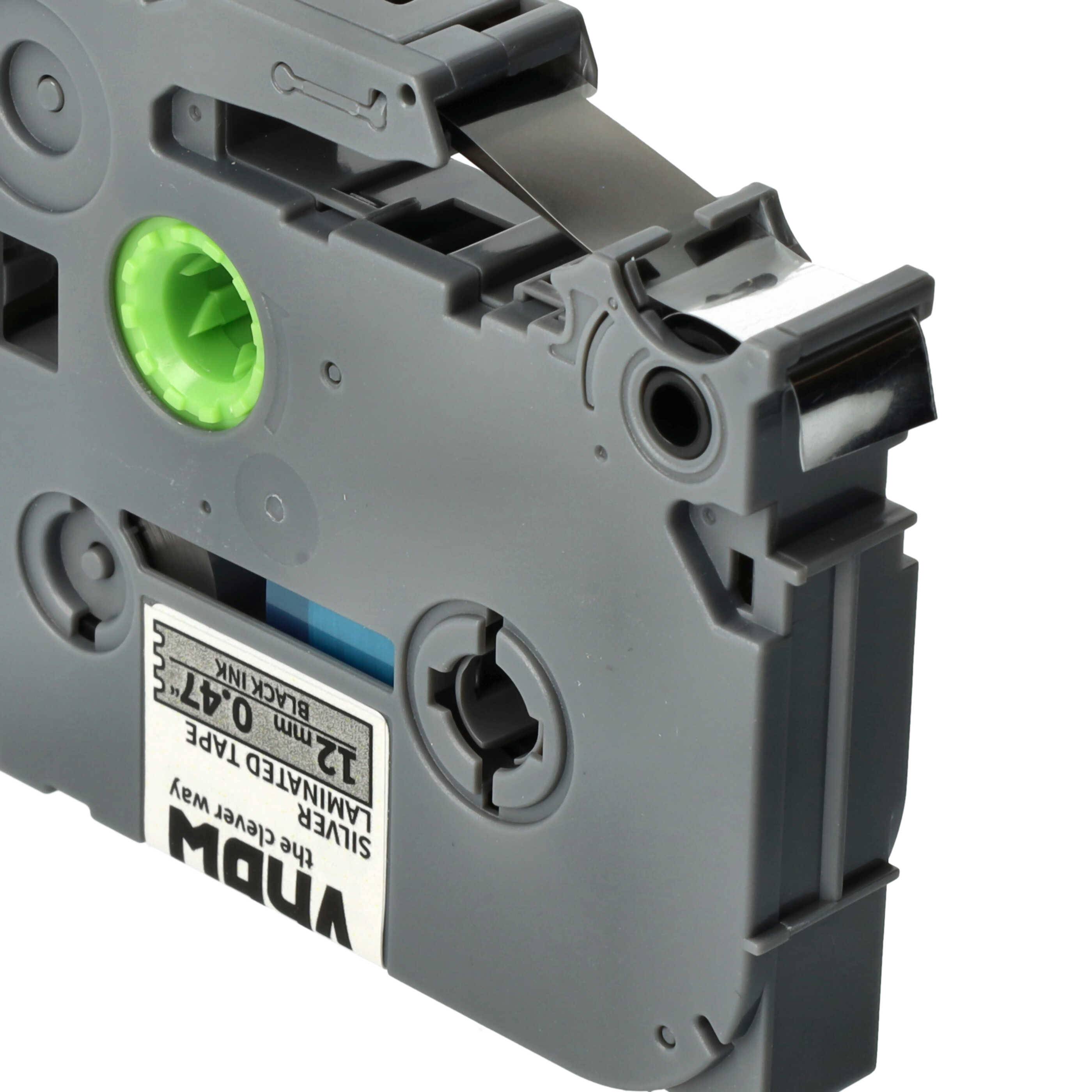 vhbw Schriftband-Kassette kompatibel mit Brother PT 2450, 2430PC, 2450CC, 2450DX, 2430PC Etiketten-Drucker 8m x 12mm Schwarz auf Silber, Laminiert