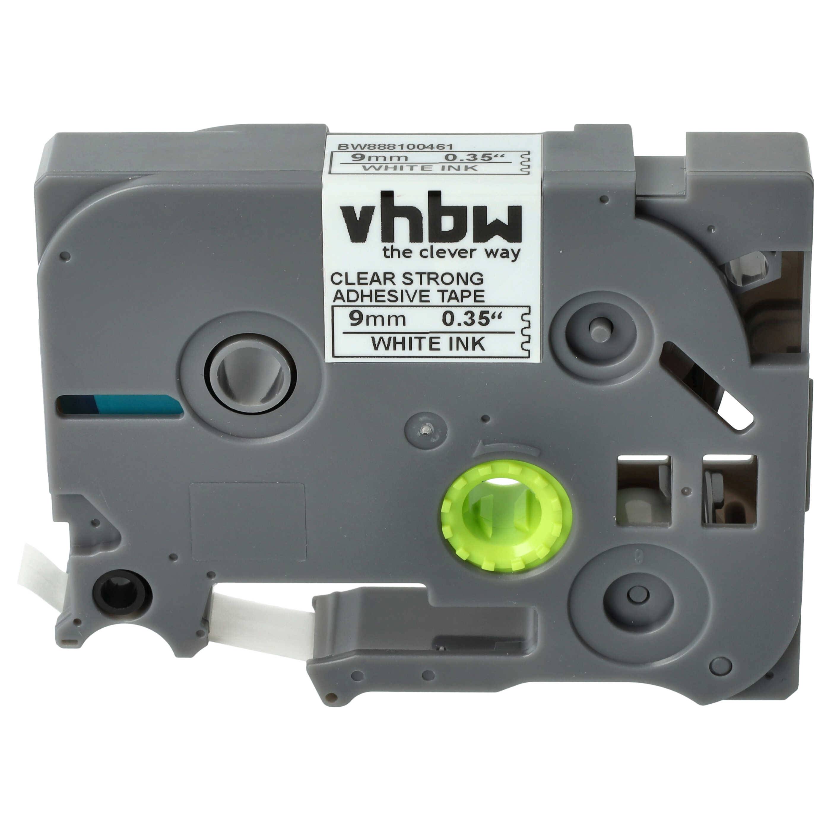 vhbw 1x Schriftband-Kassette kompatibel mit Brother PT E300VP, E300, E110VP Etiketten-Drucker 8m x 9mm Weiß auf Transparent, Extra Stark, Laminiert