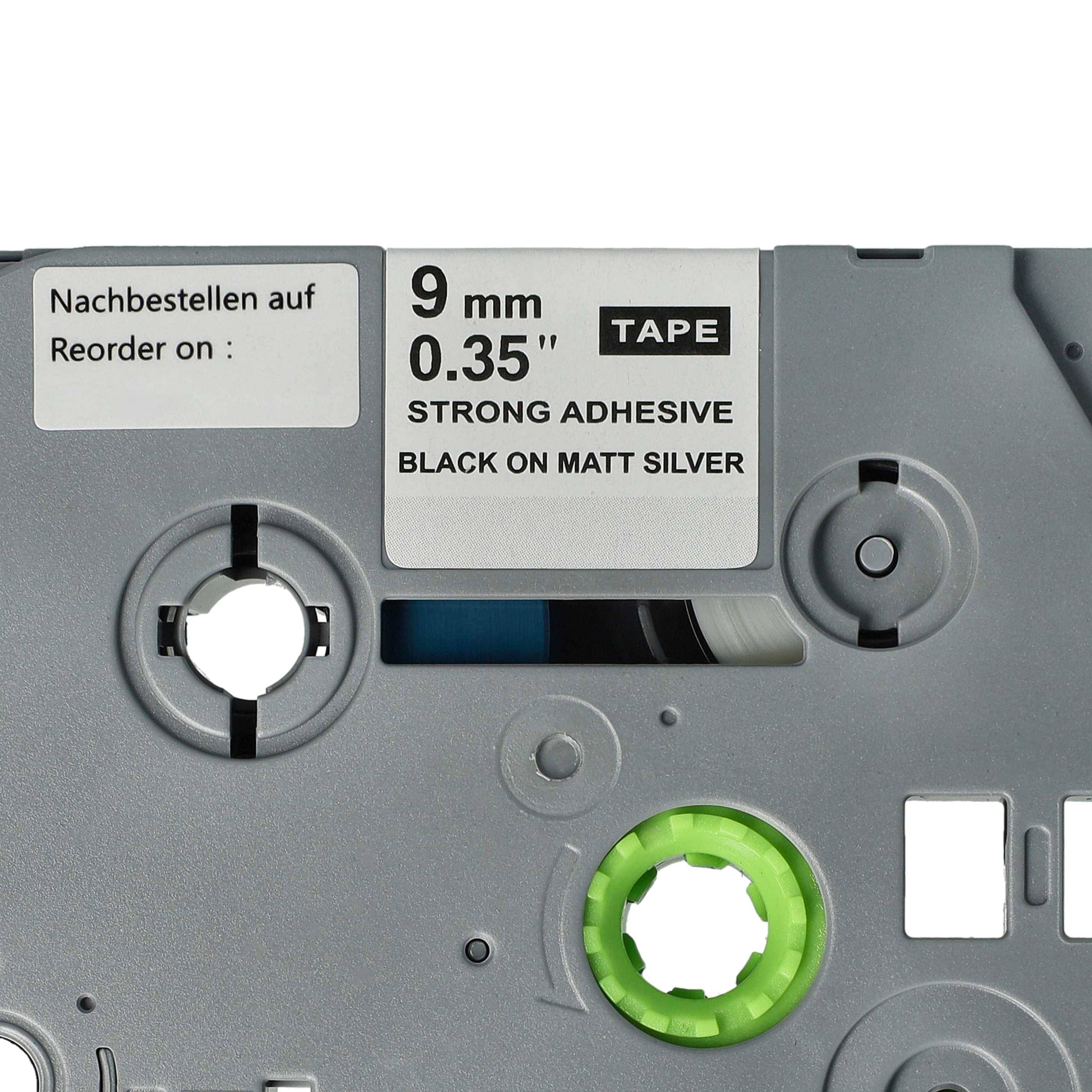 vhbw Schriftband-Kassette kompatibel mit Brother PT 9700PC, 9800PCN, Cube Etiketten-Drucker 8m x 9mm Schwarz auf Matt-Silber, Extra Stark, Laminiert
