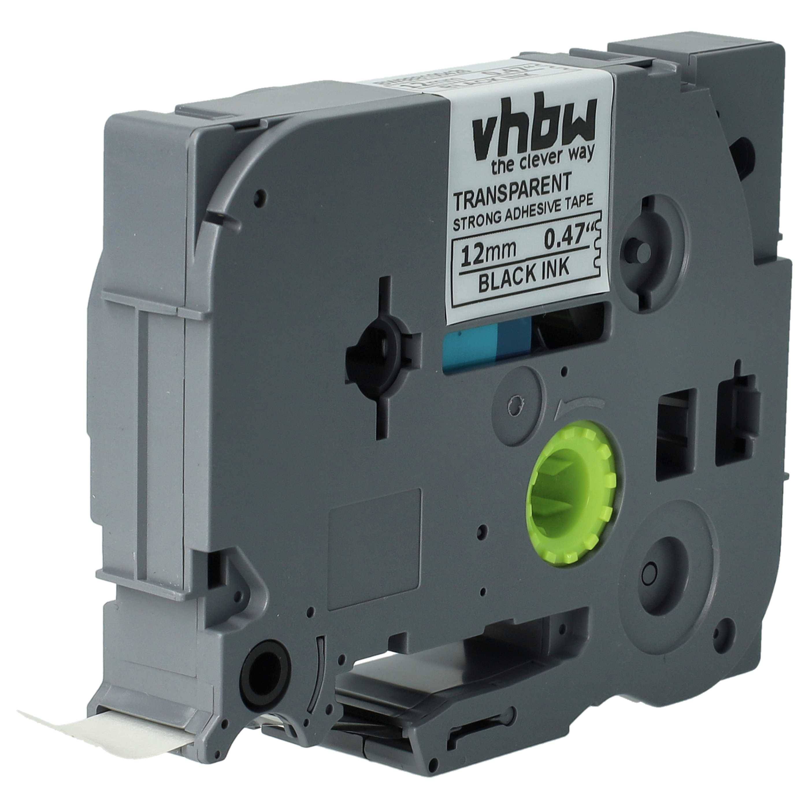 vhbw Schriftband-Kassette kompatibel mit Brother PT E500VP, E550W, E500 Etiketten-Drucker 8m x 12mm Schwarz auf Transparent, Extra Stark, Laminiert