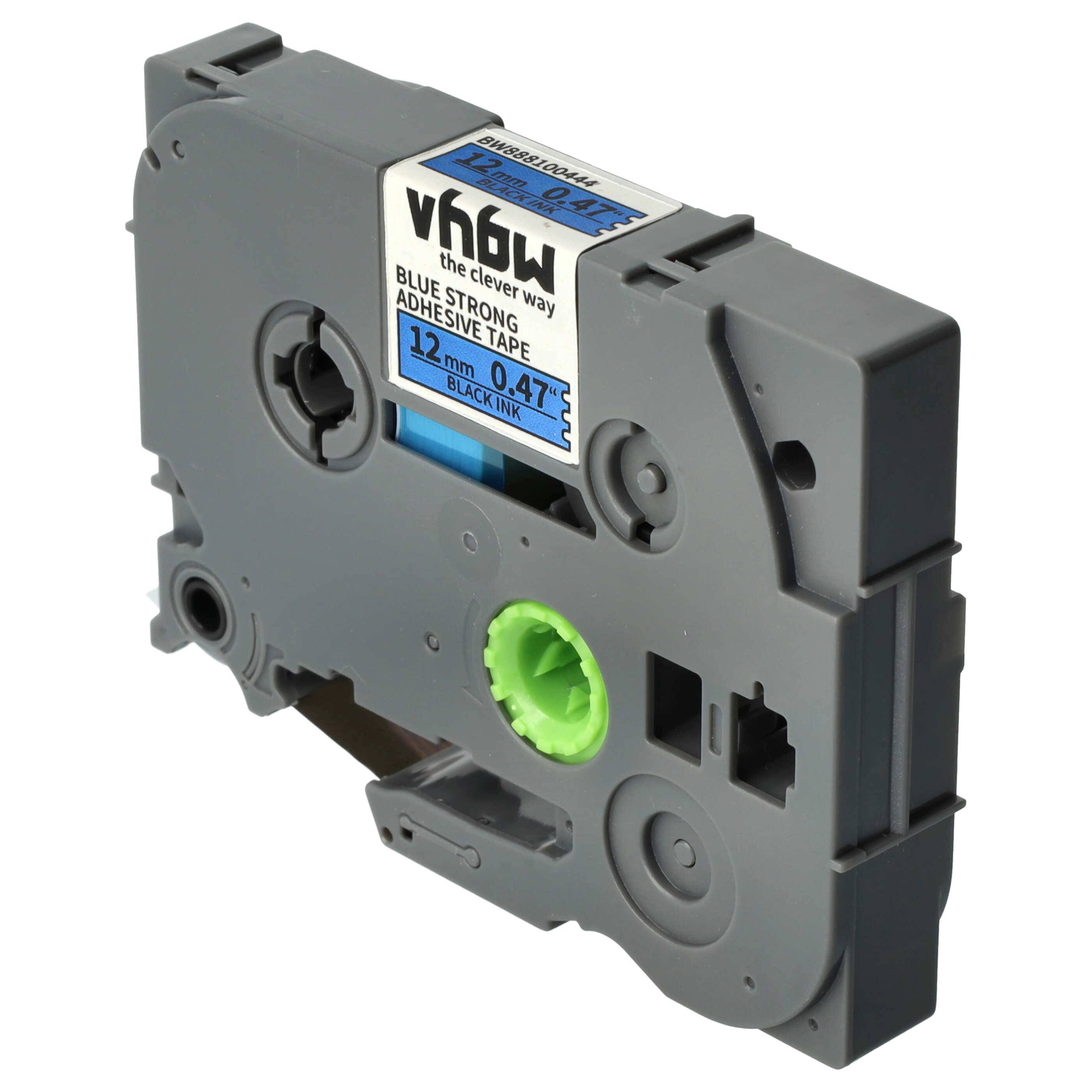 vhbw Schriftband-Kassette kompatibel mit Brother PT D600VP, D800W, E100B, E100 Etiketten-Drucker 8m x 12mm Schwarz auf Blau, Extra Stark, Laminiert