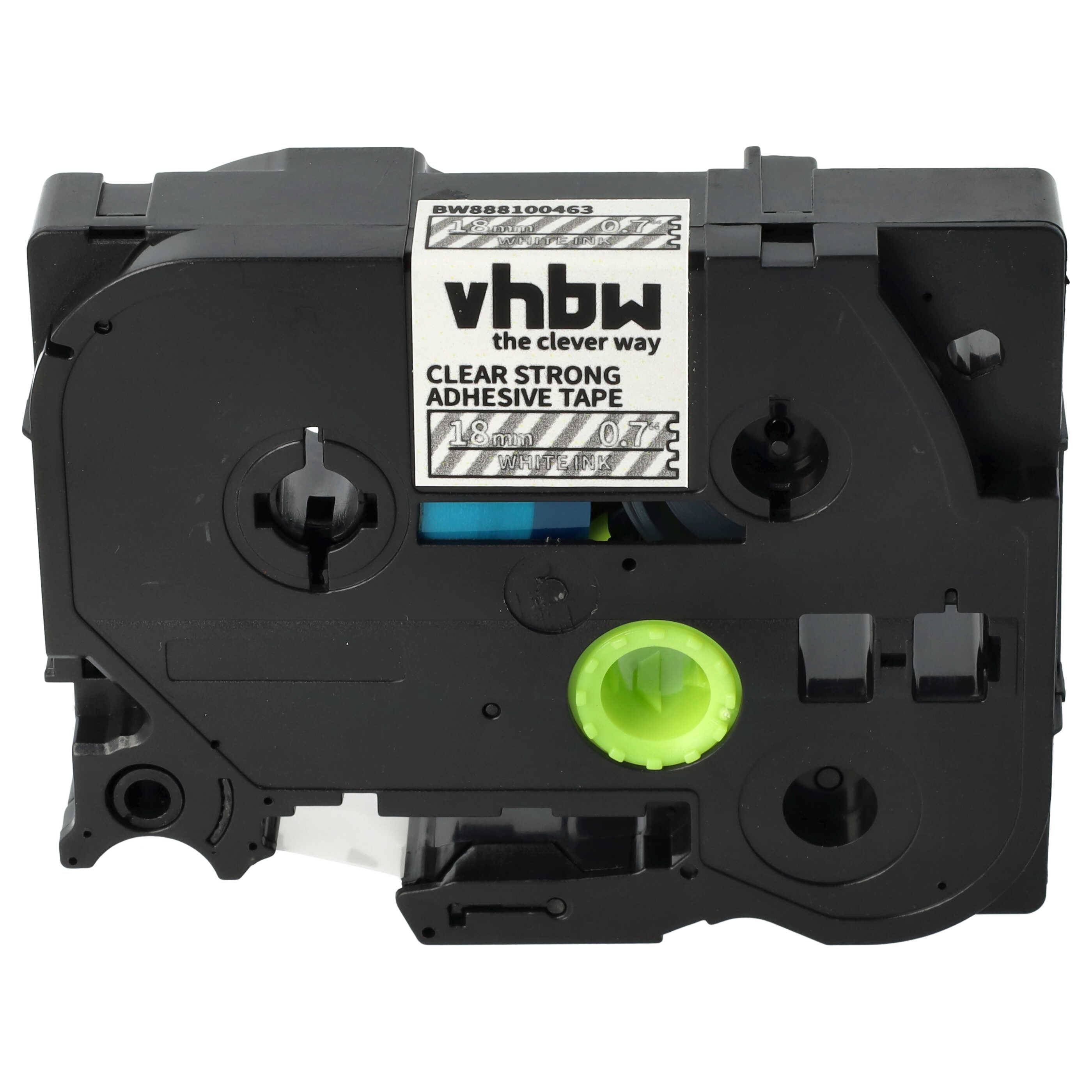 vhbw Schriftband-Kassette kompatibel mit Brother PT 340C, 3600, 350, 340 Etiketten-Drucker 8m x 18mm Weiß auf Transparent, Extra Stark, Laminiert