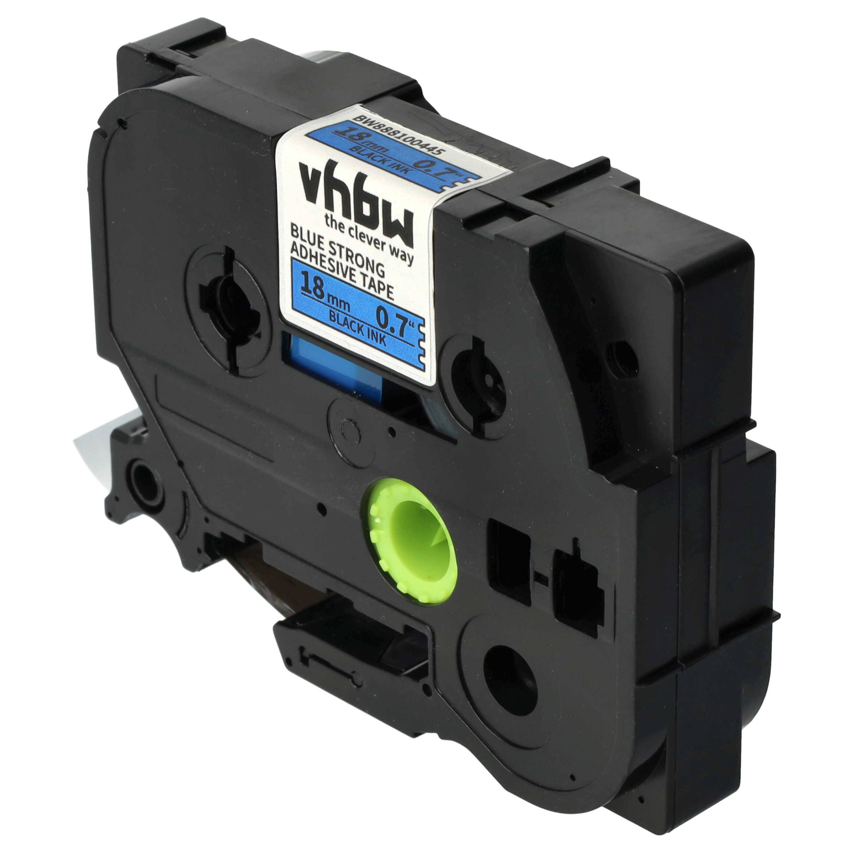 vhbw Schriftband-Kassette kompatibel mit Brother PT 550, 540, 530, 540C, 580C Etiketten-Drucker 8m x 18mm Schwarz auf Blau, Extra Stark, Laminiert