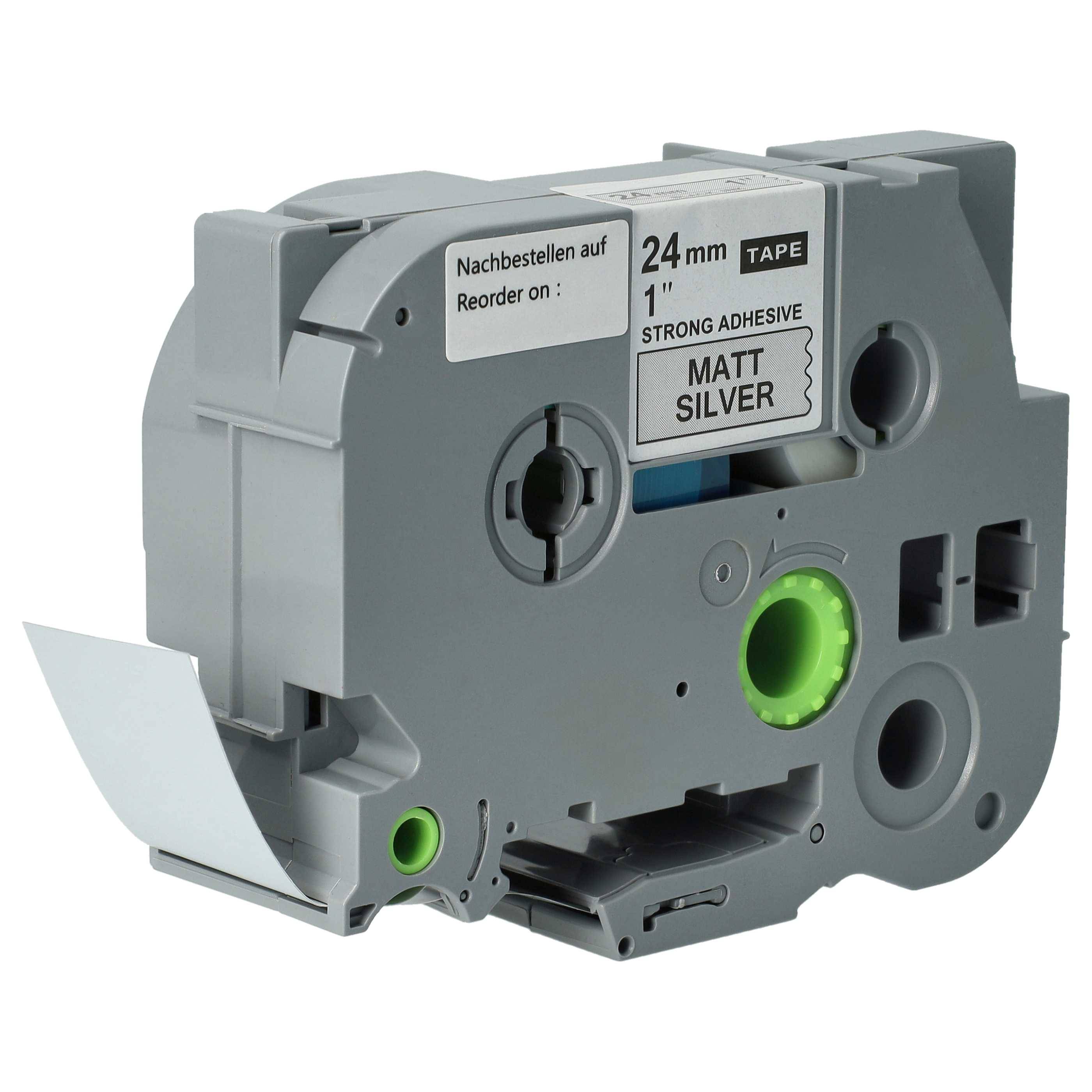 vhbw Schriftband-Kassette kompatibel mit Brother PT P750TDI, P750, P750W Etiketten-Drucker 8m x 24mm Schwarz auf Matt-Silber, Extra Stark, Laminiert
