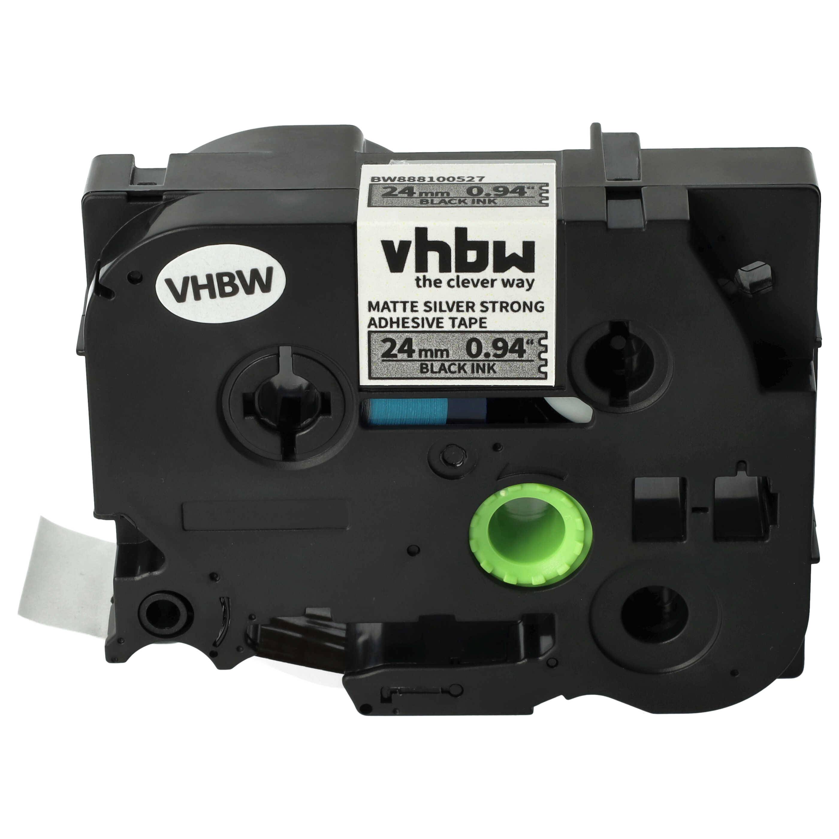 vhbw Schriftband-Kassette kompatibel mit Brother PT E500, 9800PCN Etiketten-Drucker 8m x 24mm Schwarze Schrift auf Matt-Silber, Extra Stark