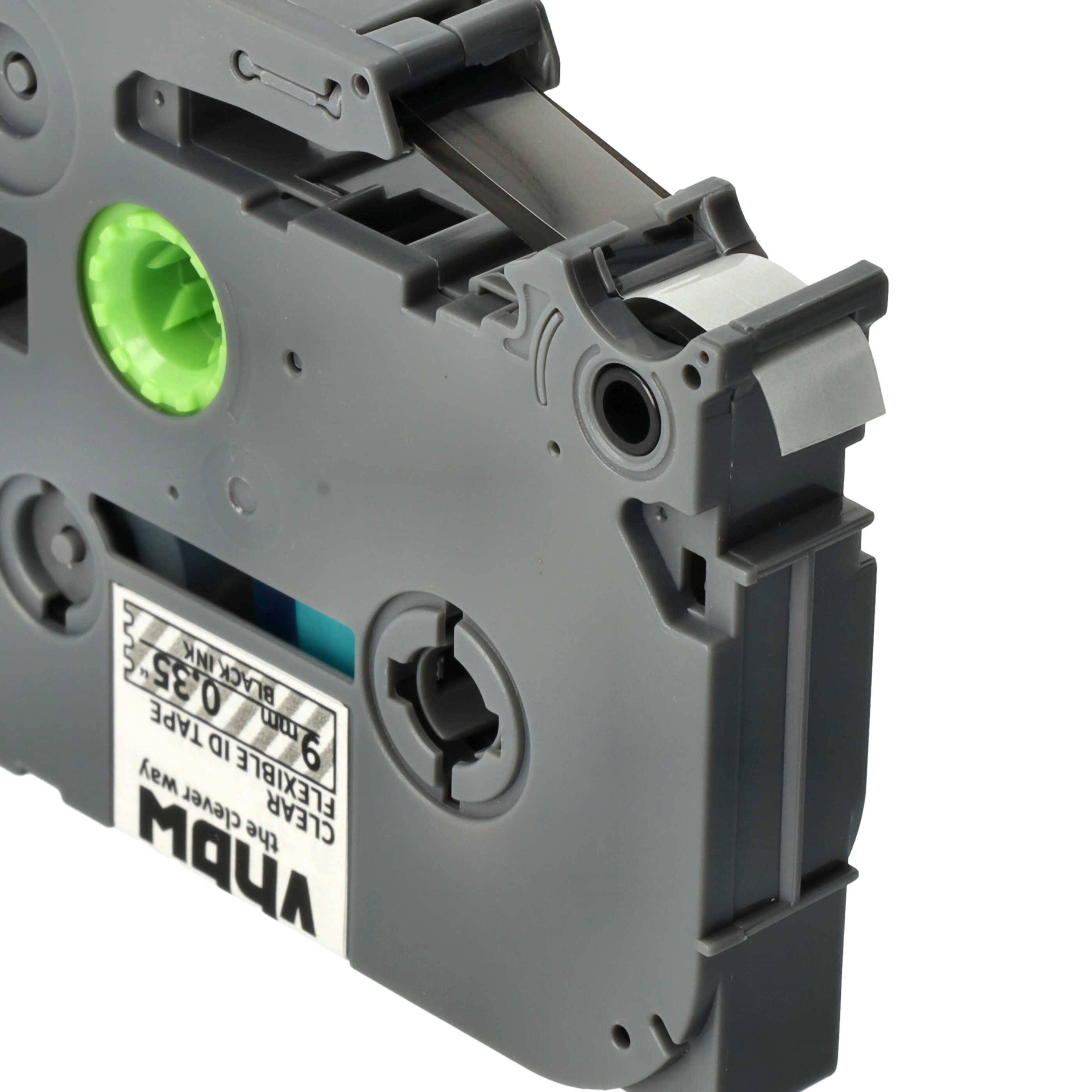 vhbw Schriftband-Kassette kompatibel mit Brother PT E500VP, E300VP, E500 Etiketten-Drucker 8m x 9mm Schwarz auf Transparent, Flexibel, Laminiert