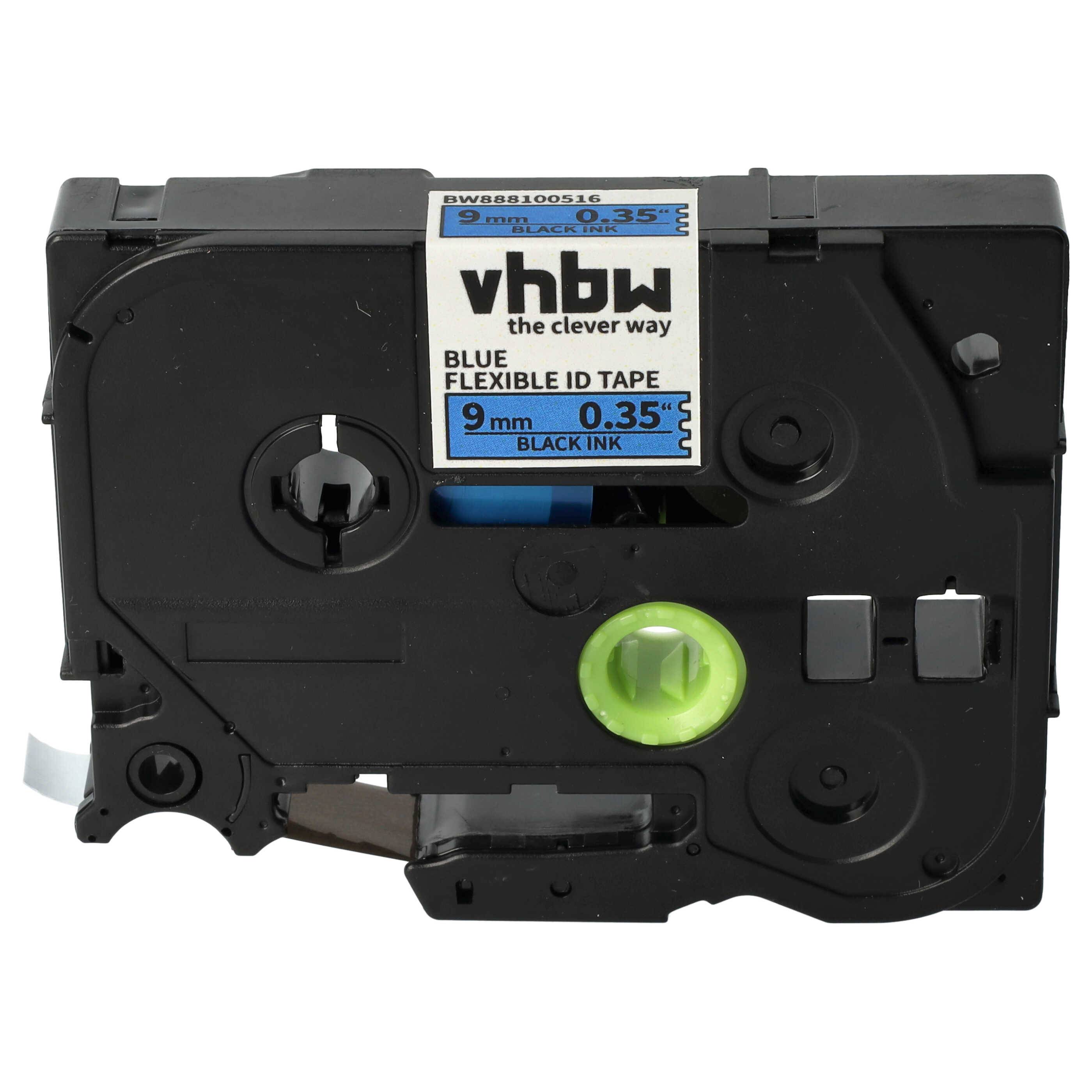 vhbw Schriftband-Kassette kompatibel mit Brother PT 2400ECC, 2410, 2420, 2420PC, 2400E, 2430PC Etiketten-Drucker 8m x 9mm Schwarz auf Blau, Flexibel