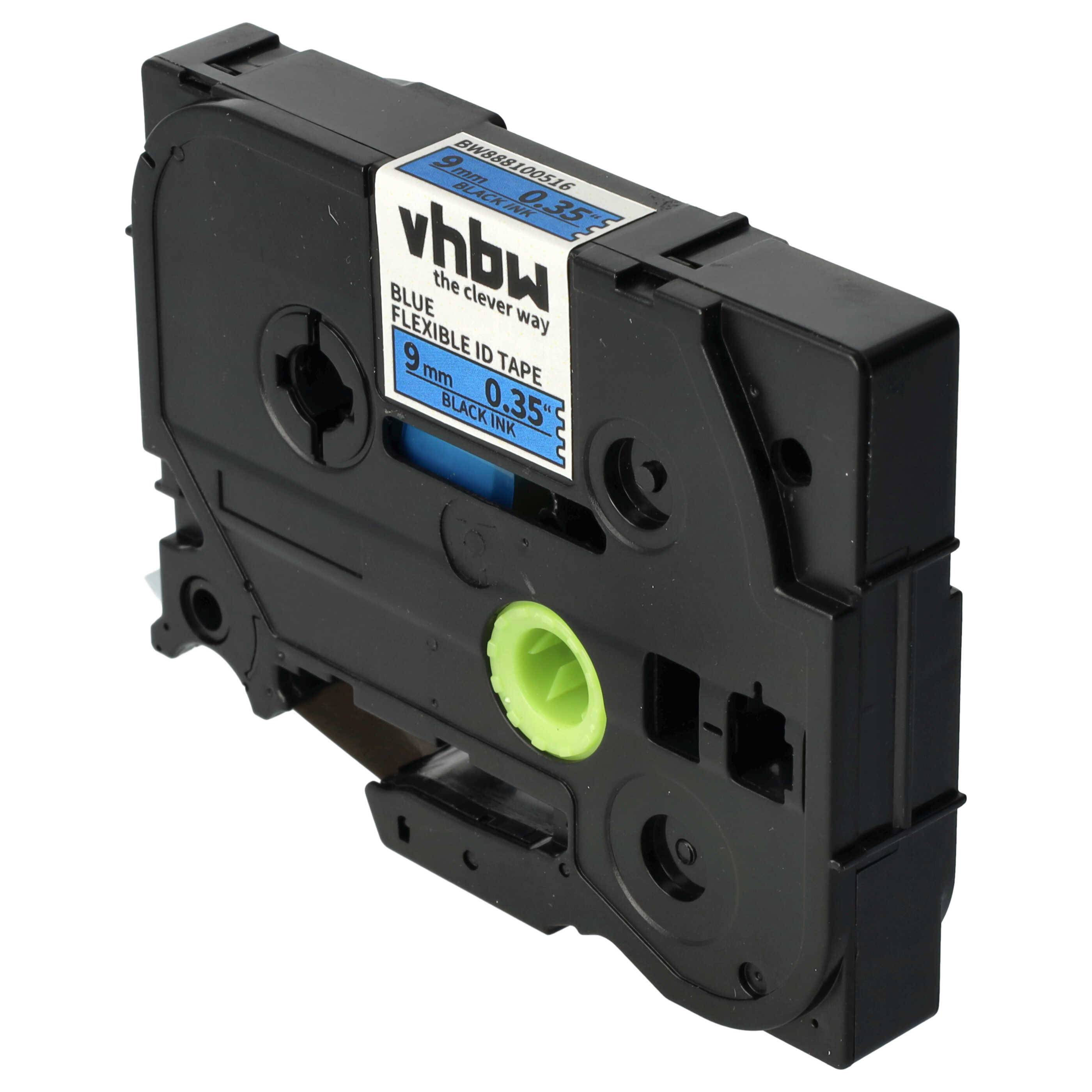 vhbw Schriftband-Kassette kompatibel mit Brother PT 9400, 9200, 9200PC, 9200DX, 900BTS, 900F Etiketten-Drucker 8m x 9mm Schwarz auf Blau, Flexibel